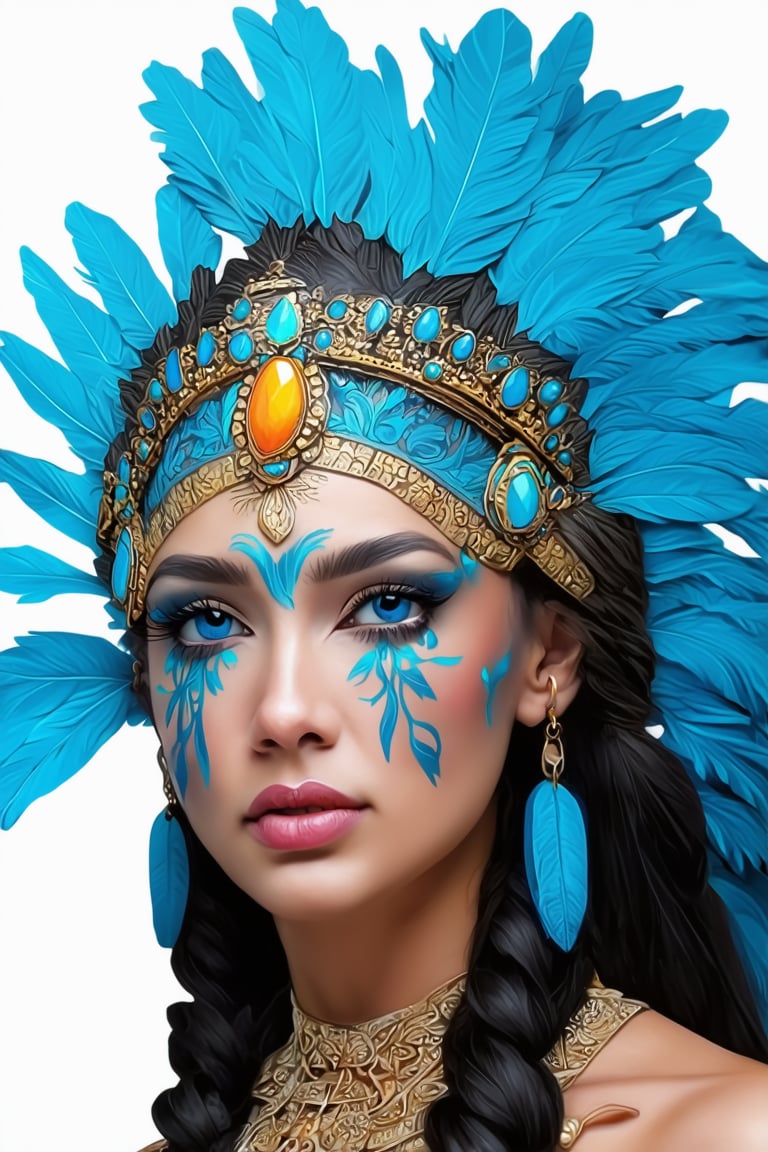 best quality, 4K, 8K, high-resolution, masterpiece, ultra-detailed, photorealistic,  an image of a beautiful woman dressed in an indian headdress with blue feathers and feathers on her face, woman, long hair, looking at viewer, blue eyes, black hair, jewelry, upper body, braid, earrings, dark skin, necklace, dark-skinned female, lips, makeup, facial mark, feathers, gem, eyeshadow, headdress, feather hair ornament, native american