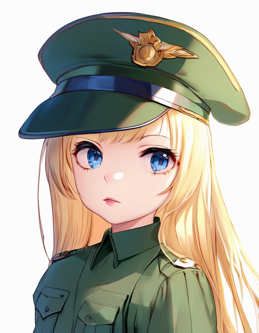 1girl, long hair, looking at viewer, blue eyes, simple background, shirt, blonde hair, white background, hat, closed mouth, upper body, collared shirt, uniform, lips, military, military uniform, peaked cap, green shirt, military hat