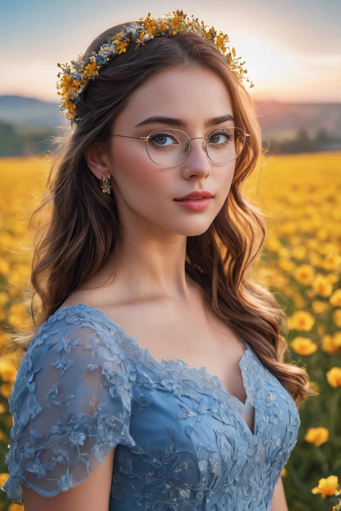 (best quality, highres, masterpiece:1.2), ultra-detailed, (realistic, photorealistic, photo-realistic:1.37), 1girl, intricate eyes, longeyelashes, beautiful detailed eyes, beautiful detailed lips, blue dress, happy, freckles, hair flower, earrings, glasses, flower field, blue sky, sunset, Cinematic light,