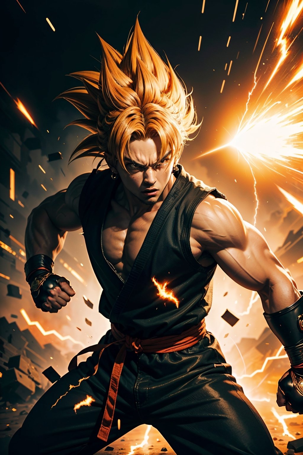 Goku, kaioken style, orange bright aura with bolts, anime, saiyan clothing, (best quality,4k,8k,highres,masterpiece:1.2), sharp focus, angry look, fight pose, intense battle, epic energy waves, dramatic lighting, muscular physique, dynamic composition, powerful punches, energetic fighting moves, vibrant colors, dynamic perspective, aura emanating from the body, fierce determination, iconic character, intense power, fast-paced action, detailed facial features, spiky hair, steely gaze, iconic Super Saiyan transformation, explosive energy blasts, high-impact action, electrifying atmosphere, adrenaline-pumping fight scene, ferocious intensity, iconic outfit, iconic fighting stance, fiery energy surges, world-threatening clash, adrenaline-fueled battle, explosive energy beams, adrenaline rush, immersive artwork, mesmerizing visual effects, atmospheric shading, dramatic tension, epic showdown, exhilarating combat, striking visual style