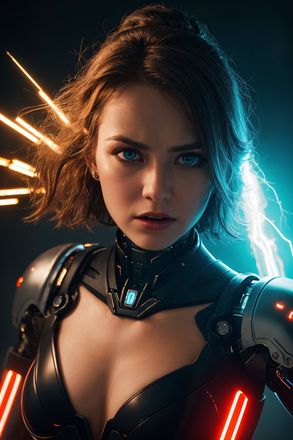 (best quality, 8K, ultra-detailed, masterpiece), (ultra-realistic, photorealistic), Create a captivating 8K close-up portrait of a beautiful and enigmatic woman who possesses the extraordinary power of electricity. Her expression is one of anger, and her face has a robotic, cyborg-like appearance. She is clad in a futuristic cyborg outfit. Her wild, electrified hair crackles with bright white sparks, and her eyes are illuminated by piercing neon-white electric glows. The entire composition is charged with multicolored lightning, giving the scene an electrifying and dynamic atmosphere.