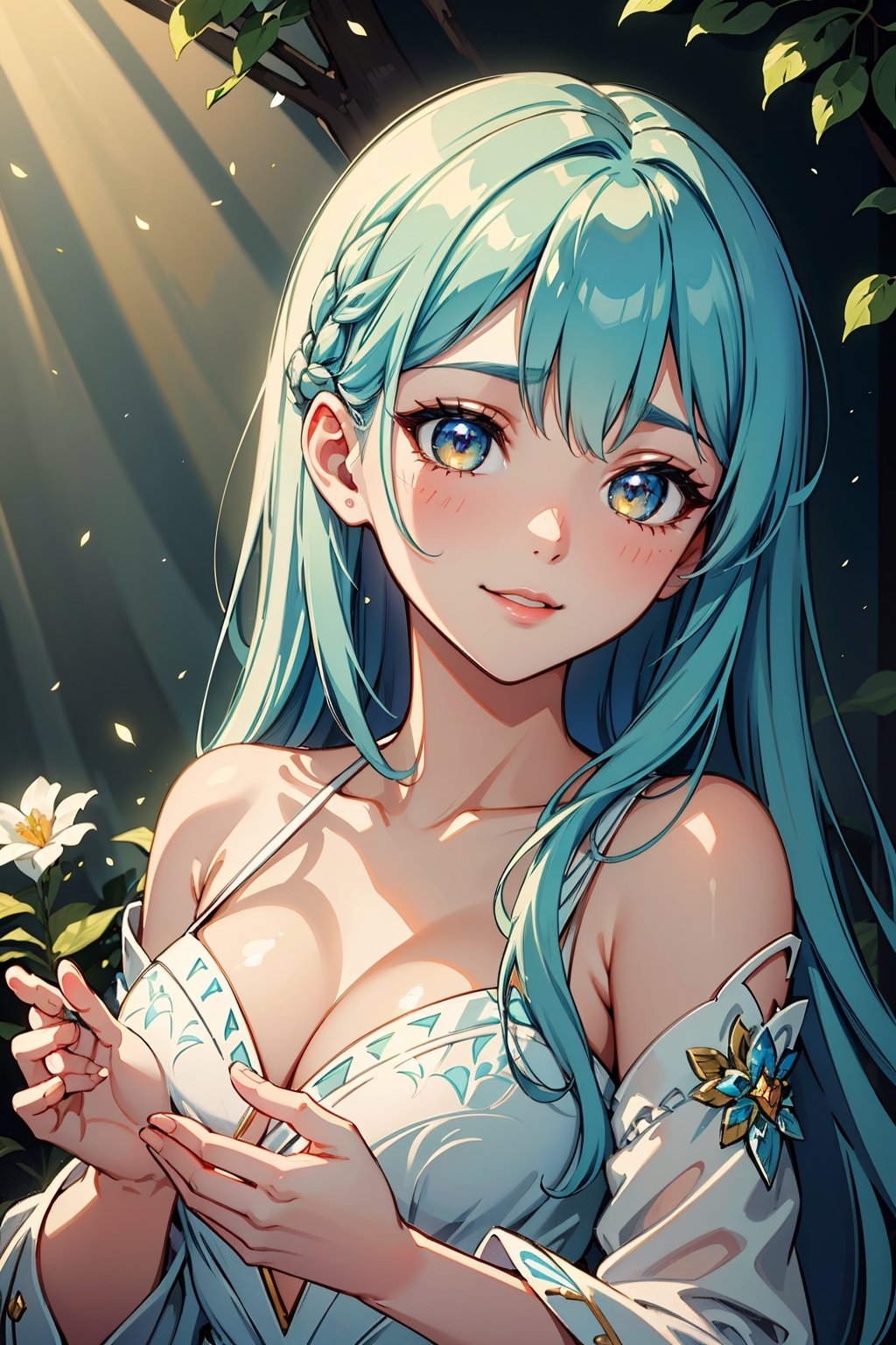 (best quality,highres,masterpiece:1.2),ultra-detailed,glowing eyes,patterned dress,enchanted forest,soft sunlight,flowers in the hair,vibrant colors,ethereal atmosphere, dreamy background,hint of magic,storybook vibes,whimsical charm,fairy tale setting,playful and inviting,fantasy portrait,delicate and alluring,feminine beauty,innocence and allure,mysterious aura,graceful and elegant,dreamlike ambiance,magical glow,mesmerizing charm,enchanting smile,mesmerizing gaze,playful and captivating,enchanted beauty,intricate details,mystical atmosphere,compelling and captivating,nostalgic and romantic.