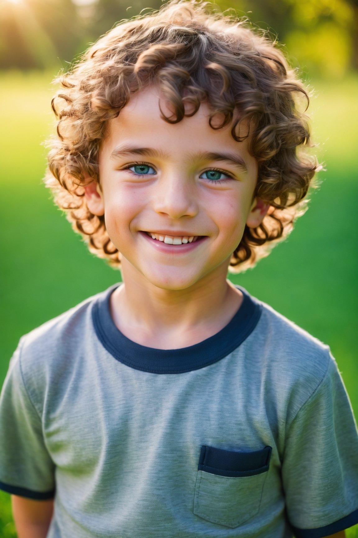 (best quality,highres,masterpiece:1.2),beautiful detailed face, cute smile,outdoor,boy,blue eyes,soft curly hair,lively expression,playful pose,vibrant colors,warm sunlight,green grass,trees in the background