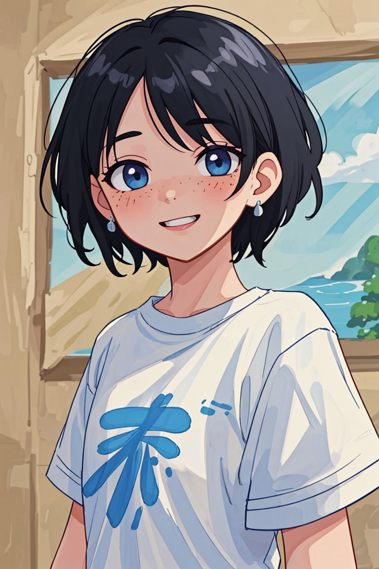 (best quality, 4k, 8k, highres, masterpiece:1.5), ultra-detailed,anime, solo,looking at viewer,blush,smile,short hair,blue eyes,shirt,black hair,1boy,jewelry,white shirt,upper body,short sleeves,male focus,earrings,teeth,mole,grin,mole under eye,t-shirt,freckles