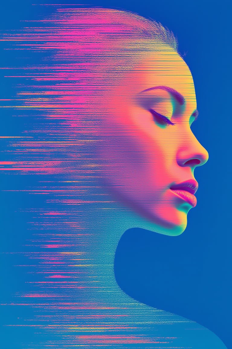 A striking and vibrant head profile rendered in neon hues. The face is bathed in radiant tones of pink, yellow, and blue, with closed eyes and poised lips. The left side dissolves into horizontal, glitch-like lines in shades of blue, pink, and yellow, blending into the bright blue background. The artistic composition melds digital and surreal elements for a mesmerizing, visually arresting effect.