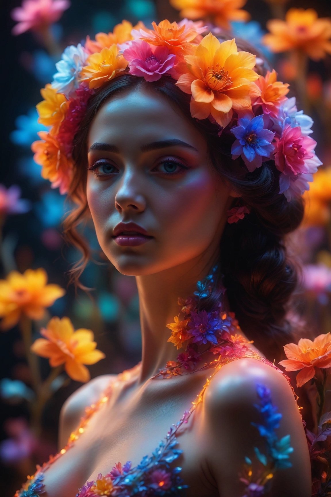 (best quality,8K,highres,masterpiece), ultra-detailed, (woman made of flowers),a woman composed entirely of vibrant flowers, illuminated by a neon glow that casts a colorful aura around her. Each petal and bloom is meticulously arranged to form her graceful figure, creating a mesmerizing and ethereal presence. The neon glow adds a futuristic and dynamic touch to the floral composition, enhancing the vivid colors and bringing the scene to life in a burst of radiant light.