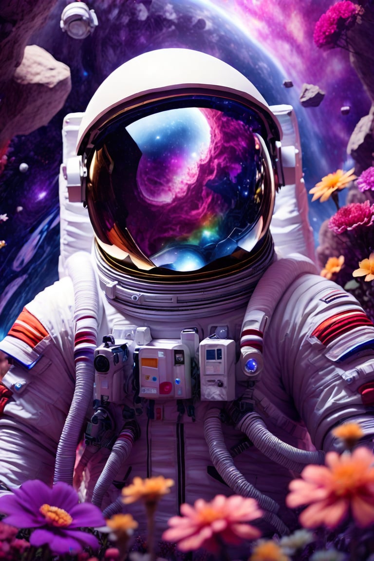 an astronaut is standing in the middle of a field full of flowers and space rocks with his helmet on,outer space