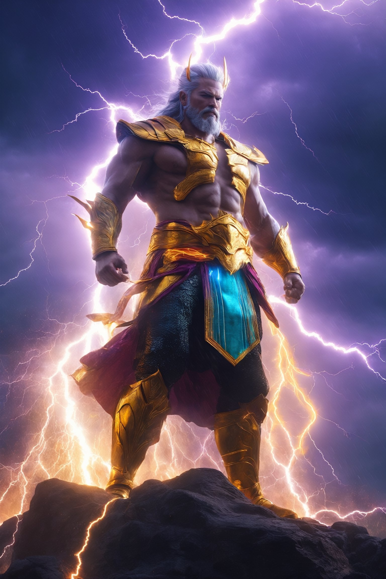 (best quality, UHD, ultra-detailed, masterpiece), (ultra-realistic, photorealistic), A breathtaking UHD portrait depicting the imposing Thunder God, his electrifying lightning strikes illuminating the sky in vibrant violet and cyan hues. Rendered with the precision of the Luminous Studio graphics engine and the brilliance of Octane render, the scene is enveloped in a cloudy haze, with fiery embers dancing around his thunderous crown.