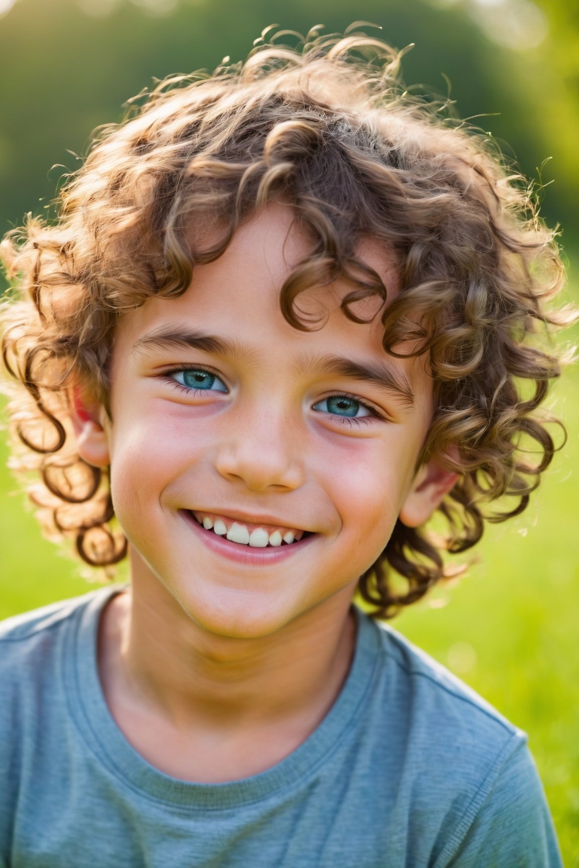 (best quality,highres,masterpiece:1.2),beautiful detailed face, cute smile,outdoor,boy,blue eyes,soft curly hair,lively expression,playful pose,vibrant colors,warm sunlight,green grass,trees in the background