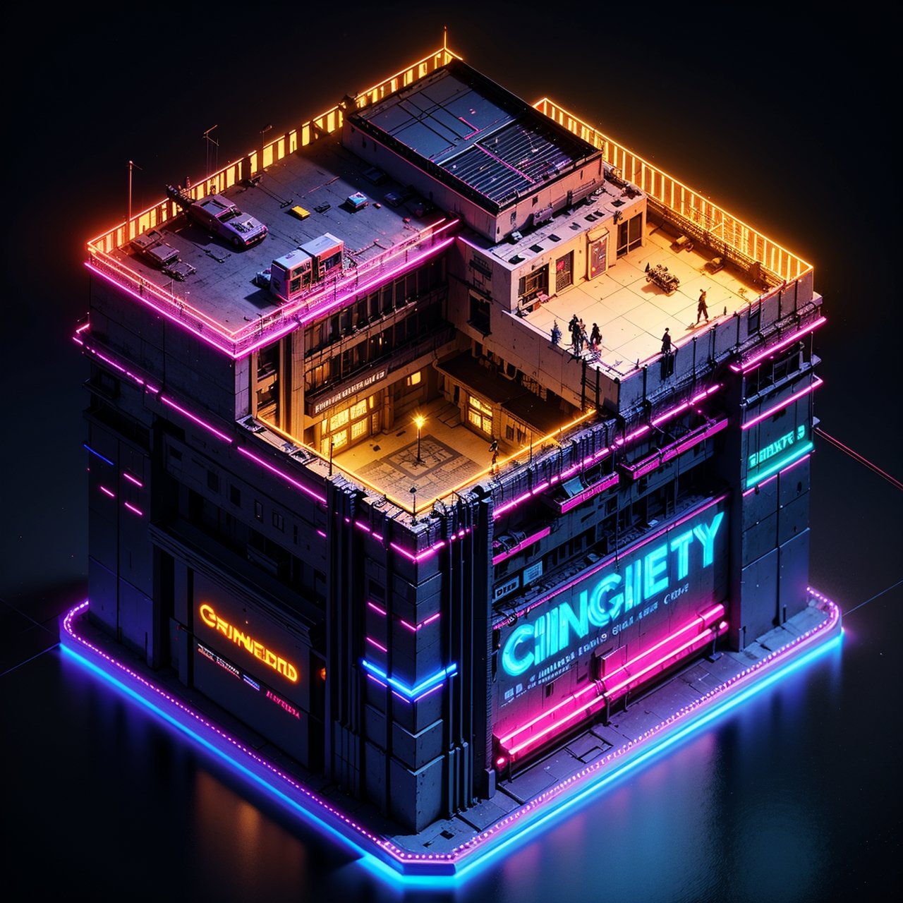best quality,(masterpiece:1.1),3d,cyberpunk city,futuristic,neon light, isometric view,high resolution,detailed details,simple background,