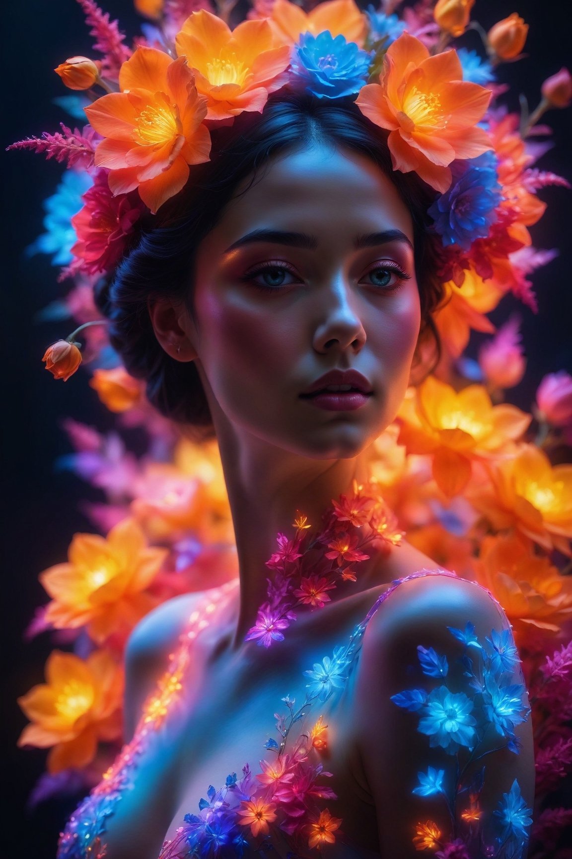 (best quality,8K,highres,masterpiece), ultra-detailed, (woman made of flowers),a woman composed entirely of vibrant flowers, illuminated by a neon glow that casts a colorful aura around her. Each petal and bloom is meticulously arranged to form her graceful figure, creating a mesmerizing and ethereal presence. The neon glow adds a futuristic and dynamic touch to the floral composition, enhancing the vivid colors and bringing the scene to life in a burst of radiant light.