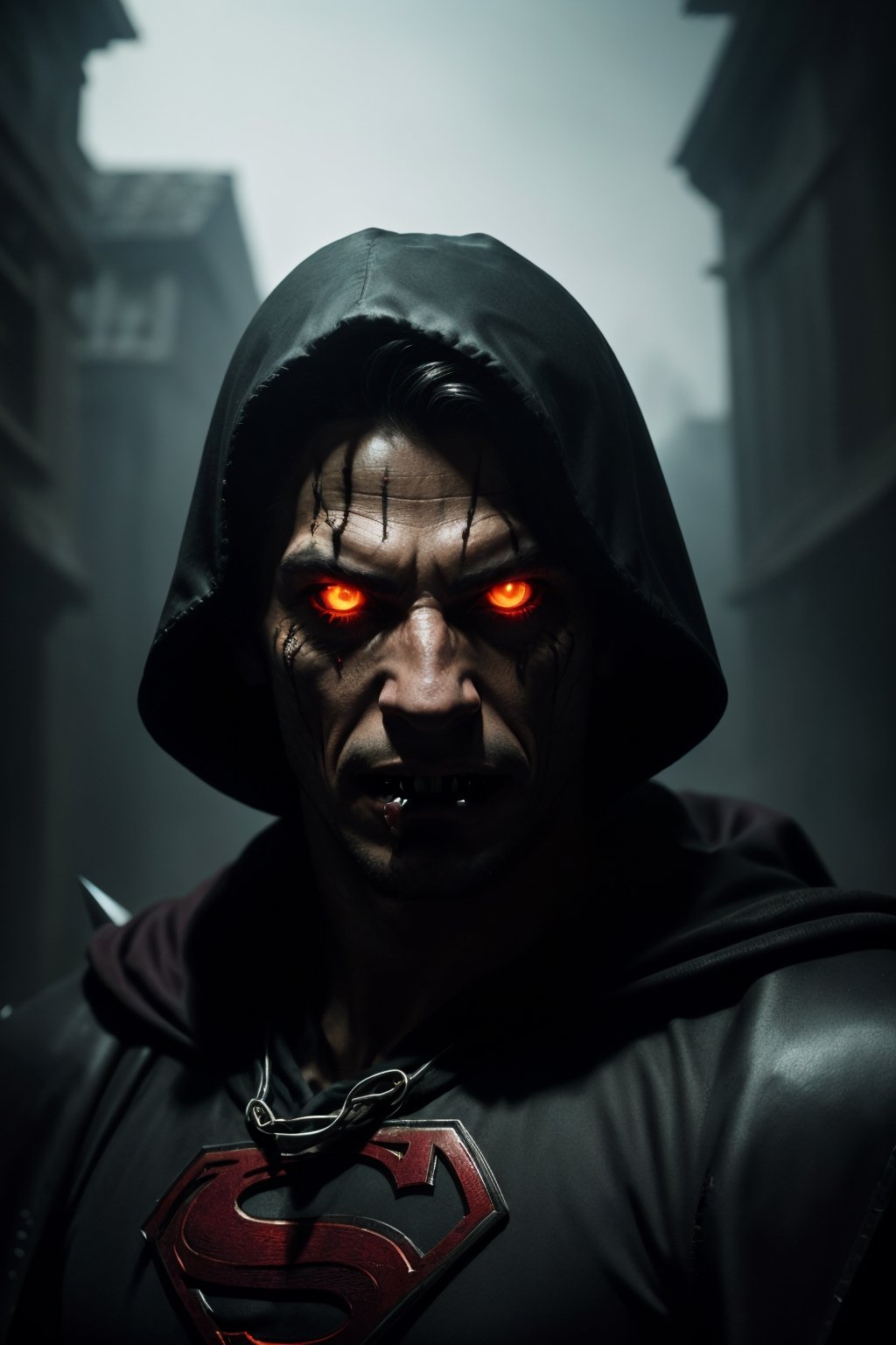 (best quality,4k,8k,highres,masterpiece:1.2),ultra-detailed,(realistic,photorealistic,photo-realistic:1.37),superman as predator,scary,spooky,close-up,portraits,dark ambient lighting,detailed textures,eerie atmosphere,sharp focus,menacing presence,glowing red eyes,ominous expression,ripped muscles,floating menacingly,disappearing cape,gloomy background,high contrast,color grading:dark and desaturated,moody shadows,ominous aura,strong jawline,mystical energy tendrils,foreboding,low-key lighting,dark cape billowing,unearthly power,ethereal glow,haunting presence,menacing smile,hovering in mid-air,cold,calculating,fear-inducing,body armor with spikes,sharp teeth,barely visible in darkness,expressive facial features,demonic appearance