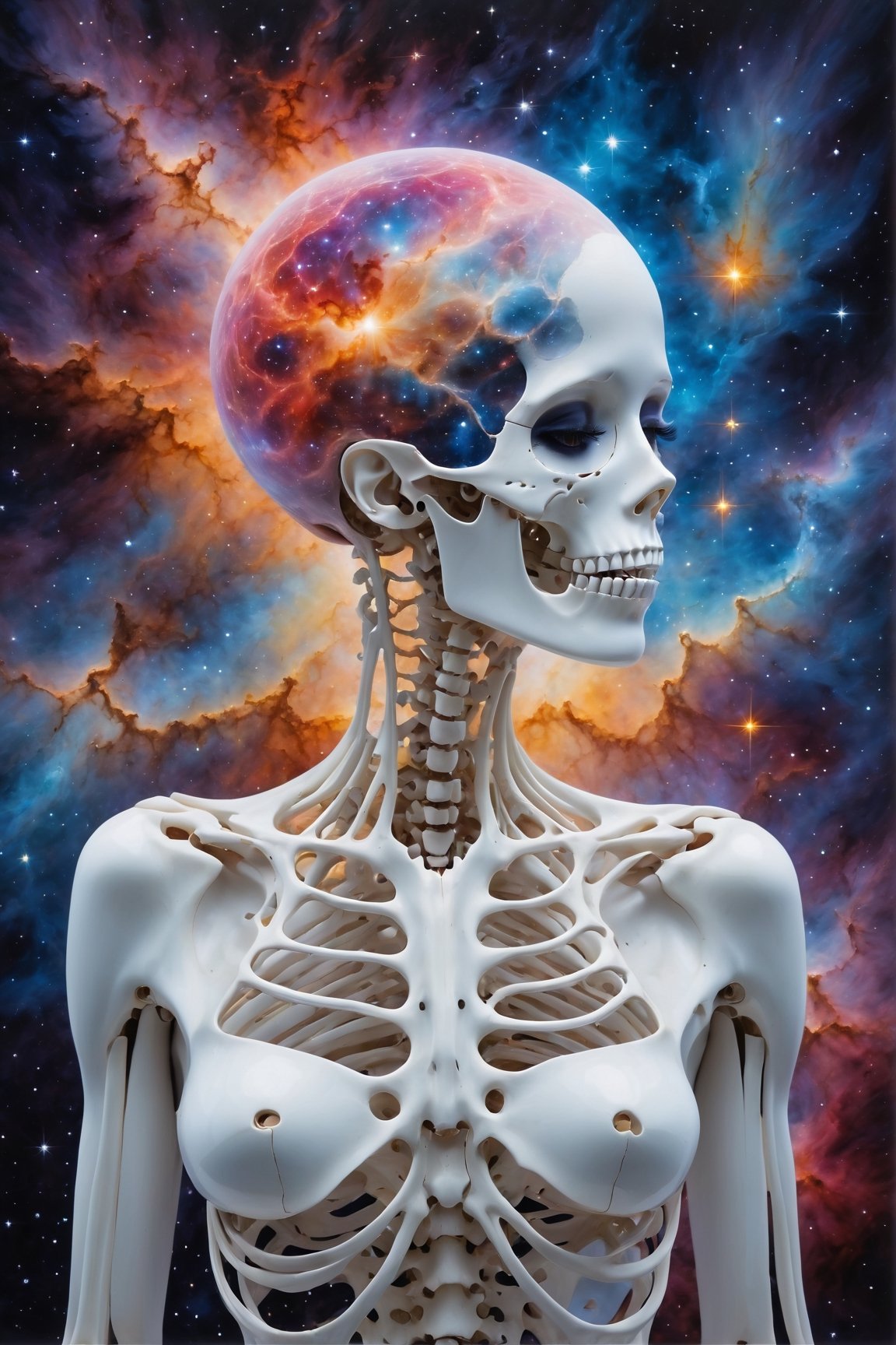 (best quality,8K,highres,masterpiece), ultra-detailed, featuring a woman with her face obscured by a grey square, set against a cosmic, star-filled background. The woman appears to be wearing or integrated with an intricate skeletal structure that is white and somewhat luminescent. The cosmic backdrop bathes the scene in a mesmerizing array of stars and galaxies, creating a sense of vastness and wonder. The obscured face adds an air of mystery and intrigue, inviting viewers to ponder the hidden depths of the character's identity. Meanwhile, the intricate skeletal structure adds a touch of ethereal beauty and symbolism, hinting at themes of mortality, transformation, and the interconnectedness of all things. This artwork is a captivating exploration of the human form amidst the cosmic expanse, blending elements of mystery, beauty, and cosmic wonder.