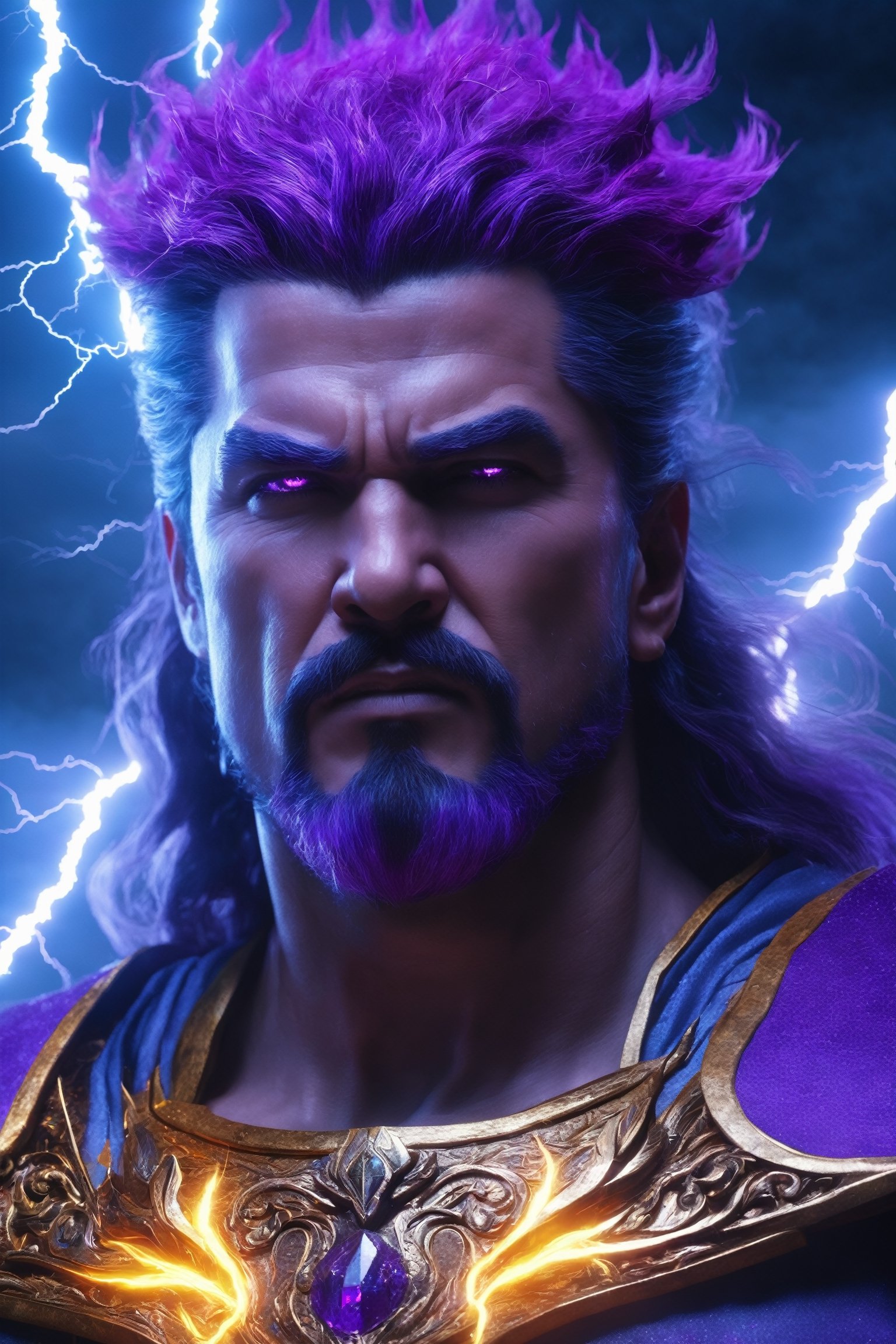 (best quality, UHD, ultra-detailed, masterpiece), (ultra-realistic, photorealistic), A breathtaking UHD portrait depicting the imposing Thunder God, his electrifying lightning strikes illuminating the sky in vibrant violet and cyan hues. Rendered with the precision of the Luminous Studio graphics engine and the brilliance of Octane render, the scene is enveloped in a cloudy haze, with fiery embers dancing around his thunderous crown.