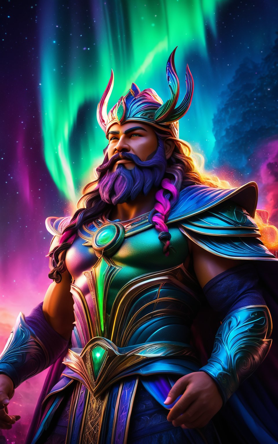 (best quality,8K,highres,masterpiece), ultra-detailed, (fantasy god with glowing aurora backlight), portrait of a fantasy god, radiating with an ethereal glow. The god's features are illuminated by a mesmerizing aurora that serves as a glowing backlight. The composition captures the divine and majestic aura, with intricate details emphasizing the god's otherworldly presence. The glowing backlight and the vibrant colors of the aurora add a mystical and enchanting atmosphere to the portrait, making the god appear both powerful and serene.