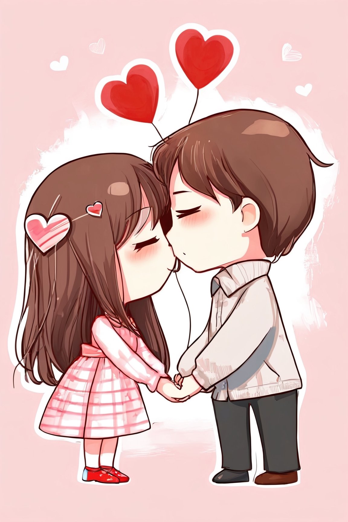 AiArtV,Valentines Day, 1girl,long hair,blush,short hair,brown hair,1boy,dress,closed eyes,hetero,heart,chibi,holding hands,aged down,couple,kiss