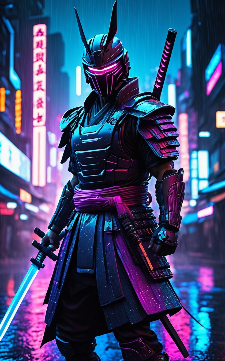 (best quality,8K,highres,masterpiece), ultra-detailed, (Cyberpunk Samurai with neon-lit armor and a futuristic katana), depiction of a cyberpunk samurai standing in a rain-soaked, neon-lit city. His armor glows with neon lights, and his katana hums with an energy field. His helmet is sleek and futuristic, with a visor that displays digital readouts. The cityscape behind him is a blend of towering skyscrapers and vibrant advertisements, creating a striking contrast with his traditional warrior pose.
