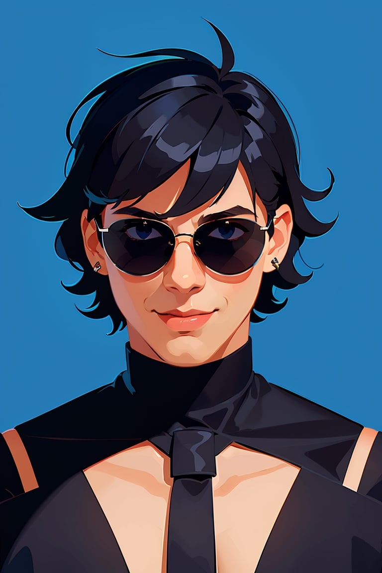 shadow flat vector art, 1man,male focus,solo,sunglasses,earrings,smile,short hair,blue background,black hair