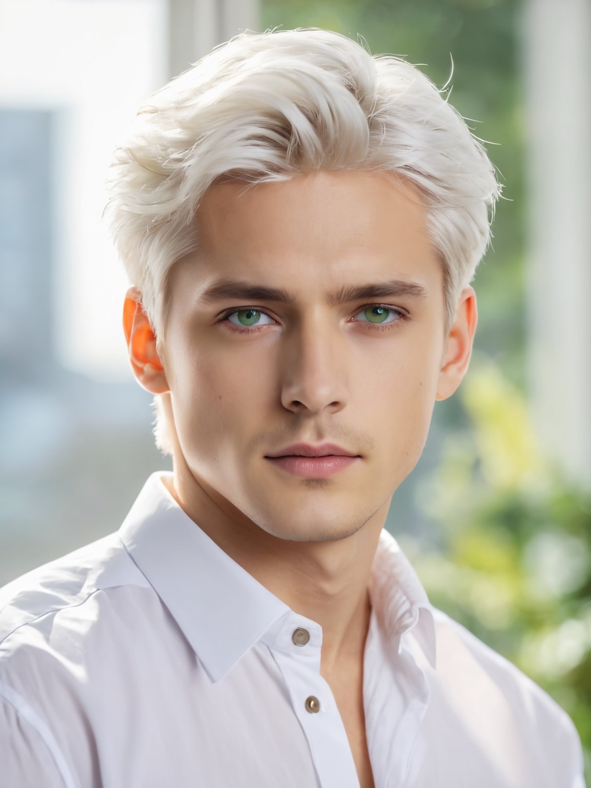 (best quality, 4k, 8k, highres, masterpiece:1.5), ultra-detailed, solo,looking at viewer,short hair,shirt,1boy,green eyes,white shirt,upper body,white hair,male focus,collared shirt,portrait