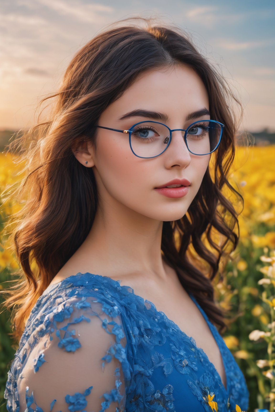 (best quality, highres, masterpiece:1.2), ultra-detailed, (realistic, photorealistic, photo-realistic:1.37), 1girl, intricate eyes, longeyelashes, beautiful detailed eyes, beautiful detailed lips, blue dress, happy, freckles, hair flower, earrings, glasses, flower field, blue sky, sunset, Cinematic light,