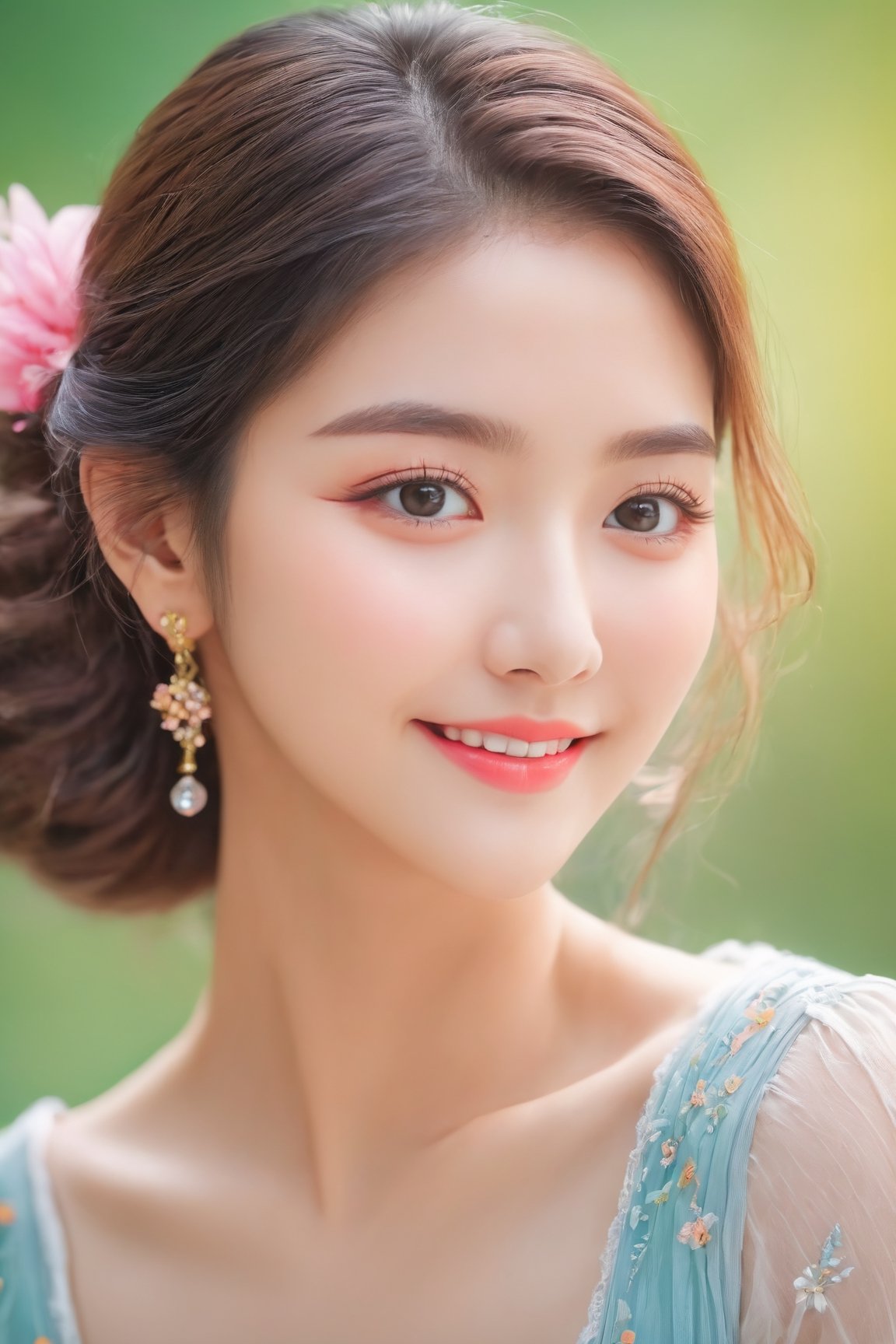 (best quality,4k,8k,highres,masterpiece:1.2),ultra-detailed,(realistic,photorealistic,photo-realistic:1.37),1girl,cute,beautiful detailed eyes,beautiful detailed lips,extremely detailed eyes and face,longeyelashes,Korean-style makeup,glowing skin,flawless complexion,vibrant colors,soft lighting,pastel color palette,playful expression,adorable smile,blush on cheeks,dewy look,feminine appearance,lovely hairstyle,neatly arranged hair,flower hairpin,colorful clothes,stylish outfit,pulling back a strand of hair,image with depth and dimension,soft and airy background,shallow depth of field,bokeh effect,gentle poses,expressive eyes,subtle shadows,sweet and innocent look,positive and joyful mood,warm and friendly ambiance,feeling of youth and charm,simple and clean composition,artistic pencil sketch effect,storybook illustration style