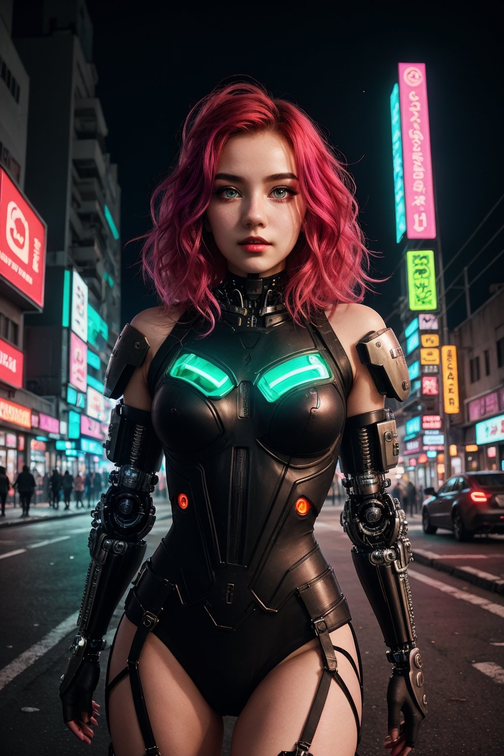 (Intricate details, night, bright neon colors), (futuristic cyberpunk city, detailed background), In the neon-soaked streets of a futuristic cyberpunk city, an intricately designed scene unfolds. A petite cyborg girl with a cute, perfect face and bright, glowing red eyes stands at a dynamic angle. Her absurdly long gradient red and green hair billows in the wind as she wears a detailed ribbed impossible bodysuit, complete with shoulder armor and cybernetic limbs, showcasing her perfect anatomy amidst the vibrant night.