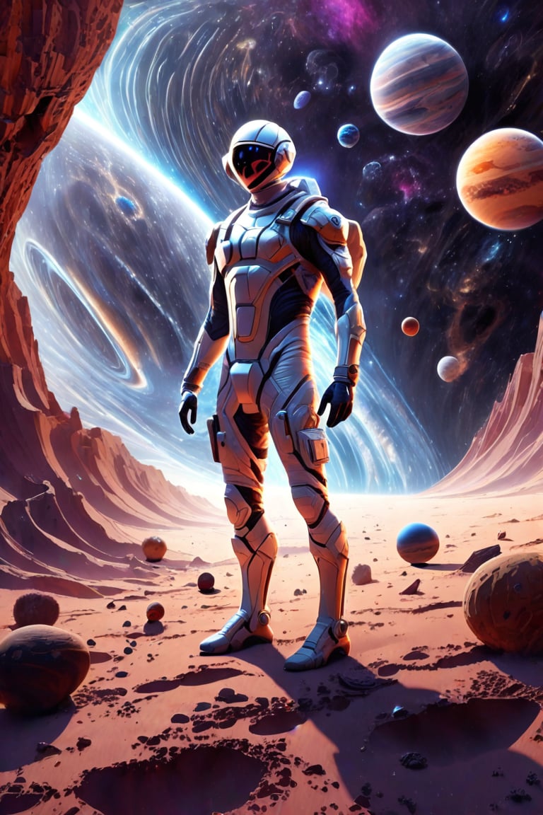 an artist's depiction of a man standing on the surface of an alien planet with planets and other objects in the background