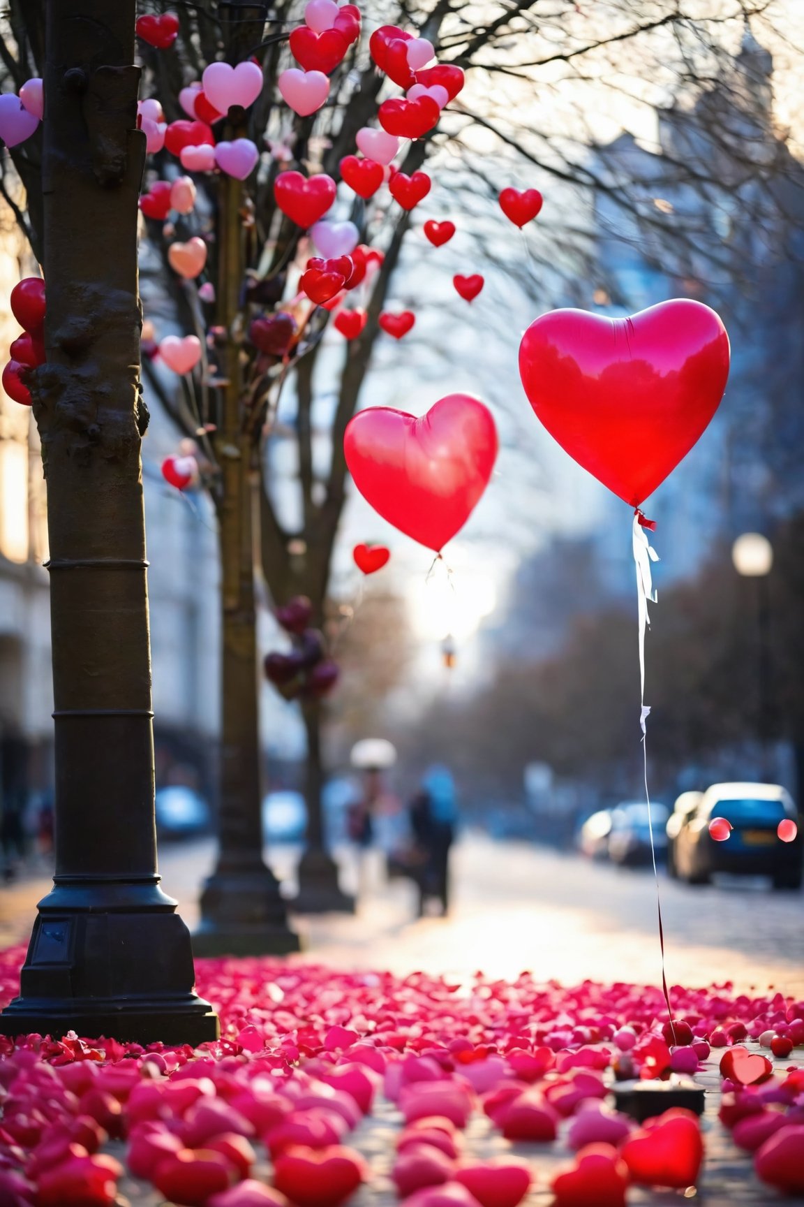 AiArtV,Valentines Day,flower,heart,outdoors,blurry,tree,petals,depth of field,building,scenery,blurry foreground,balloon,lamppost,heart balloon