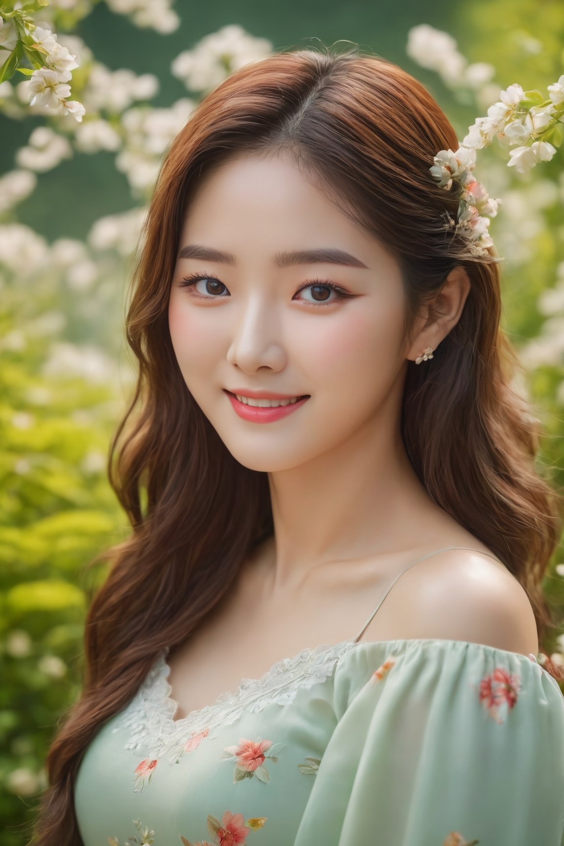 (best quality,4k,8k,highres,masterpiece:1.2),ultra-detailed,(realistic,photorealistic,photo-realistic:1.37),1Girl,korean,cute smile,off-the-shoulders,cinematic lighting,beautiful detailed eyes,beautiful detailed lips,long eyelashes,soft natural light,korean traditional dress,flowy and vibrant colors,lush garden backdrop,lively flowers,gentle breeze,joyful expression,peaceful atmosphere,subtle color grading,serene and dreamy ambiance