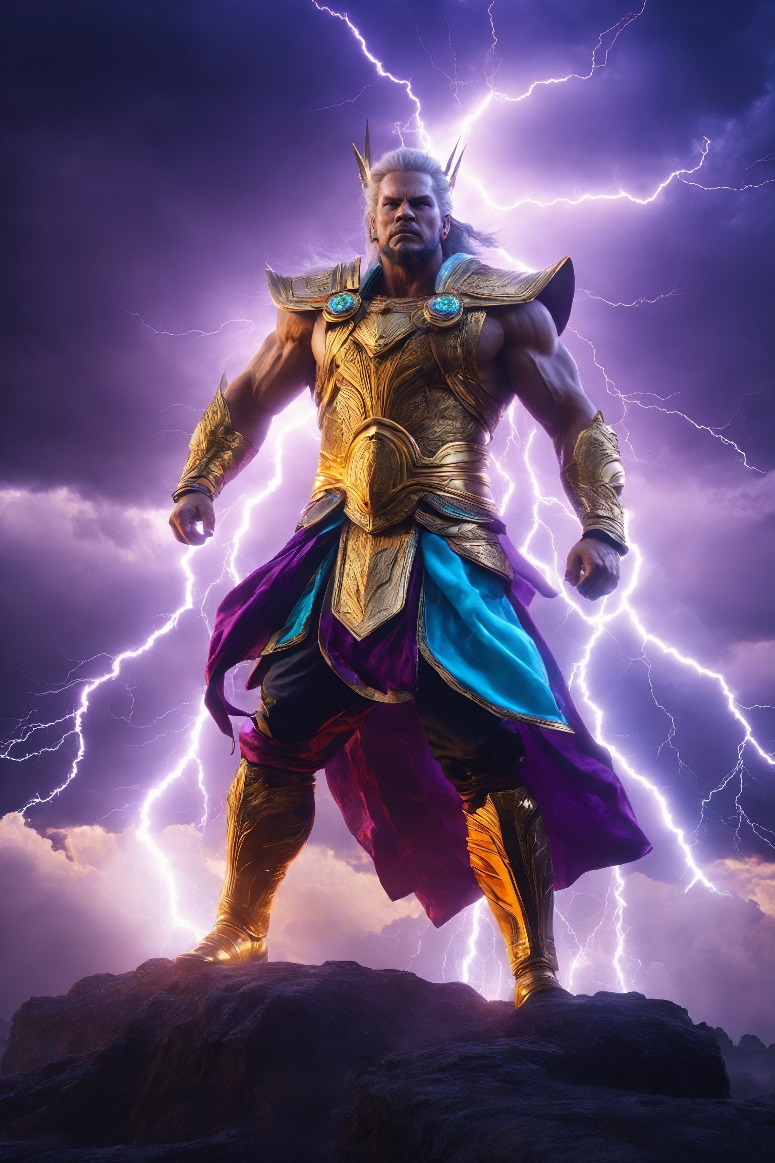 (best quality, UHD, ultra-detailed, masterpiece), (ultra-realistic, photorealistic), A breathtaking UHD portrait depicting the imposing Thunder God, his electrifying lightning strikes illuminating the sky in vibrant violet and cyan hues. Rendered with the precision of the Luminous Studio graphics engine and the brilliance of Octane render, the scene is enveloped in a cloudy haze, with fiery embers dancing around his thunderous crown.