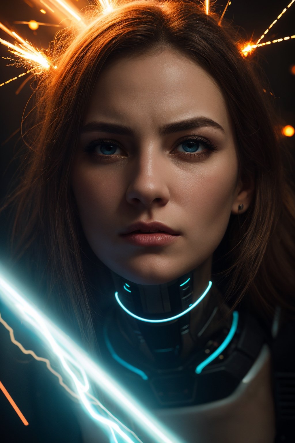 (best quality, 8K, ultra-detailed, masterpiece), (ultra-realistic, photorealistic), Create a captivating 8K close-up portrait of a beautiful and enigmatic woman who possesses the extraordinary power of electricity. Her expression is one of anger, and her face has a robotic, cyborg-like appearance. She is clad in a futuristic cyborg outfit. Her wild, electrified hair crackles with bright white sparks, and her eyes are illuminated by piercing neon-white electric glows. The entire composition is charged with multicolored lightning, giving the scene an electrifying and dynamic atmosphere.