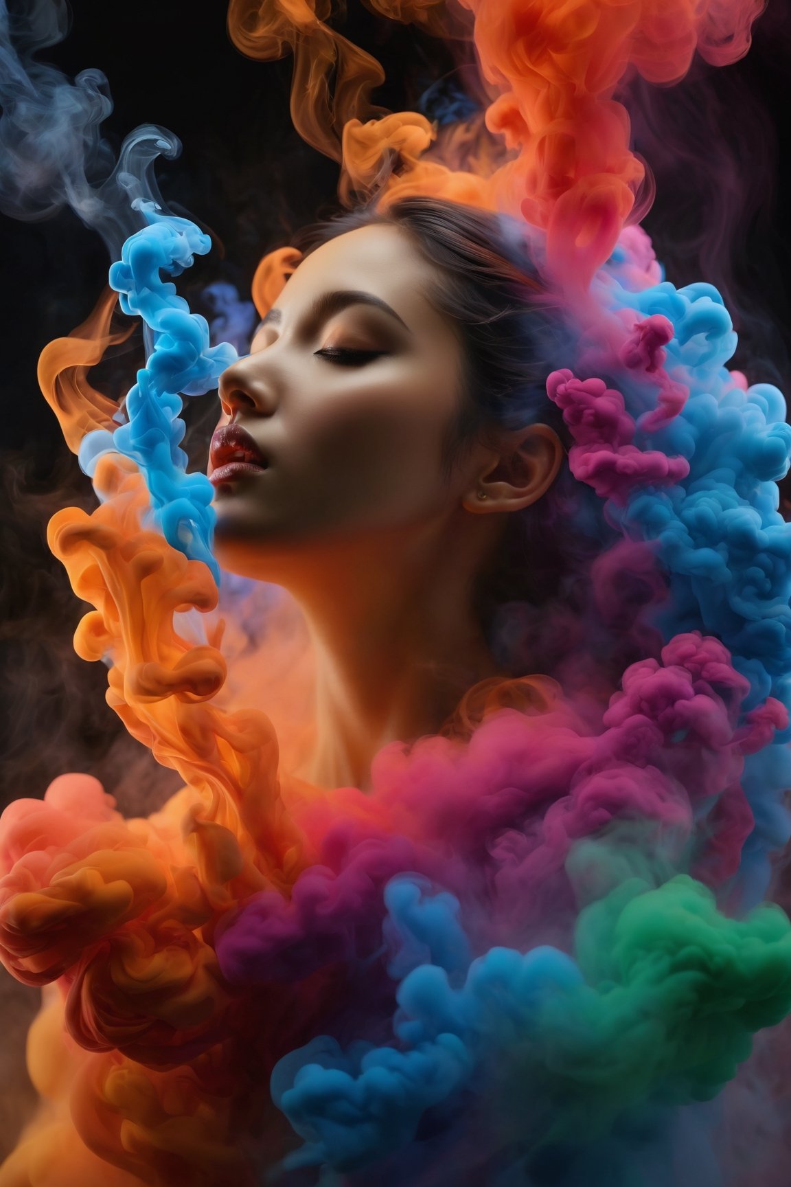 (best quality, 8K, highres, masterpiece), ultra-detailed, (portrait art, illustration), full-body zoom of a female-shaped colored sculpture made of dynamic dispersing smoke. The scene features playful body manipulations with warm and clean aesthetics, emphasizing uncommon beauty. Utilizing the rule of thirds composition, the detailed environment with strong lines enhances the overall visual impact. Vibrant and colorful smoke particles float in the air, creating a visually rich and striking figure. The well-lit scene, achieved with studio lights, maintains ultra-sharp focus and a high-speed shot aesthetic