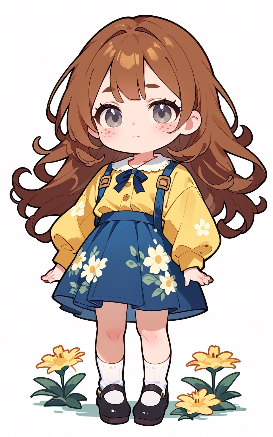 score_9,score_8_up,score_7_up, chibi, chibi style, 1girl,long hair,looking at viewer,blush,skirt,simple background,brown hair,shirt,long sleeves,white background,closed mouth,standing,full body,flower,shoes,socks,bag,black footwear,blue skirt,grey eyes,floral print,white socks,mary janes,freckles,yellow shirt,yellow flower