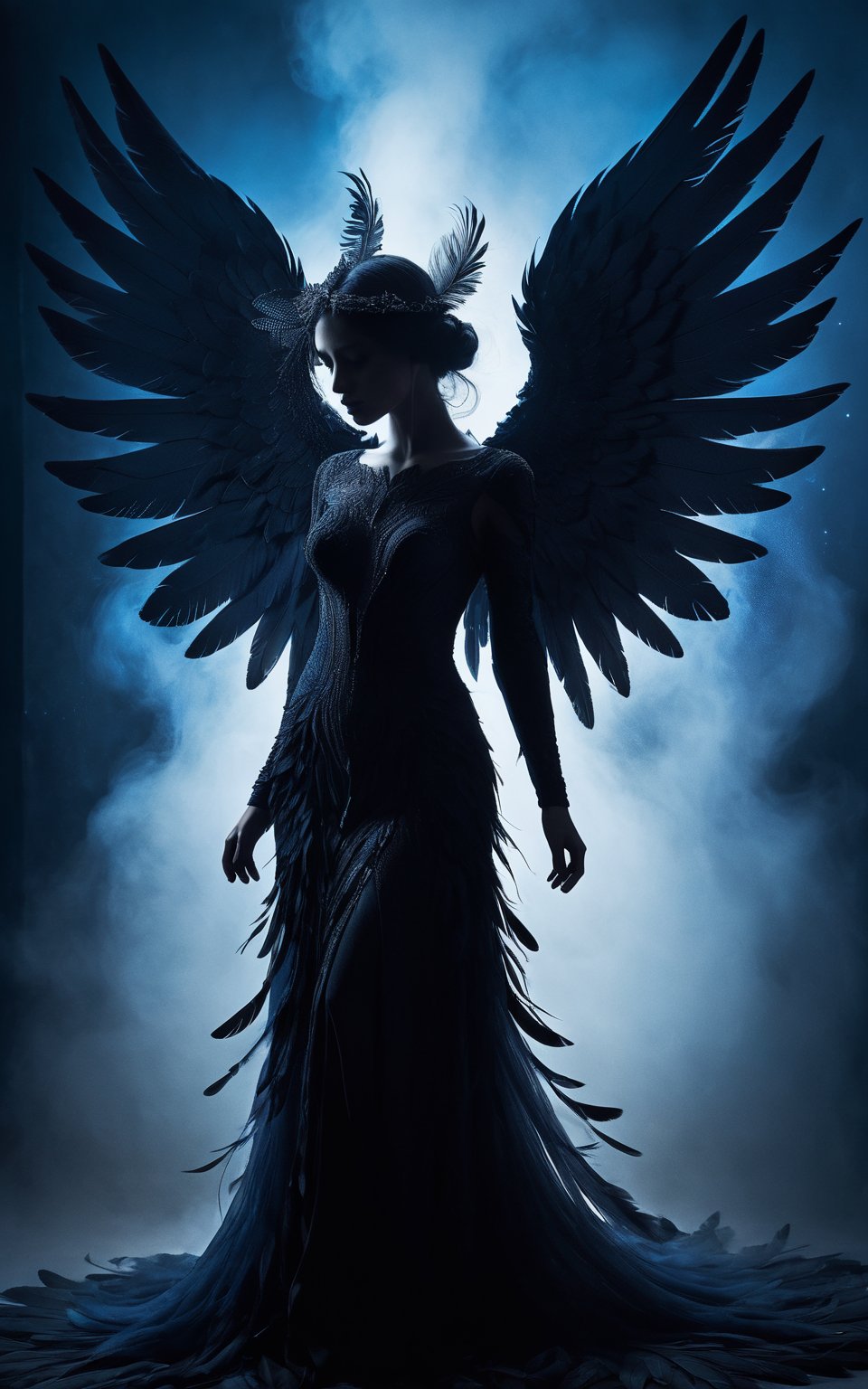 (dark, ethereal, highly detailed, high contrast) A silhouette of a figure with large, dark wings extending from their back, surrounded by swirling, smoky mist. The scene is illuminated by a cold, blue light, creating a mysterious and otherworldly atmosphere. The wings are detailed with individual feathers, and the edges appear to be disintegrating into particles. The figure's head is bowed, adding to the somber and melancholic mood. The background is a deep, shadowy blue, enhancing the ethereal and mystical vibe of the image.