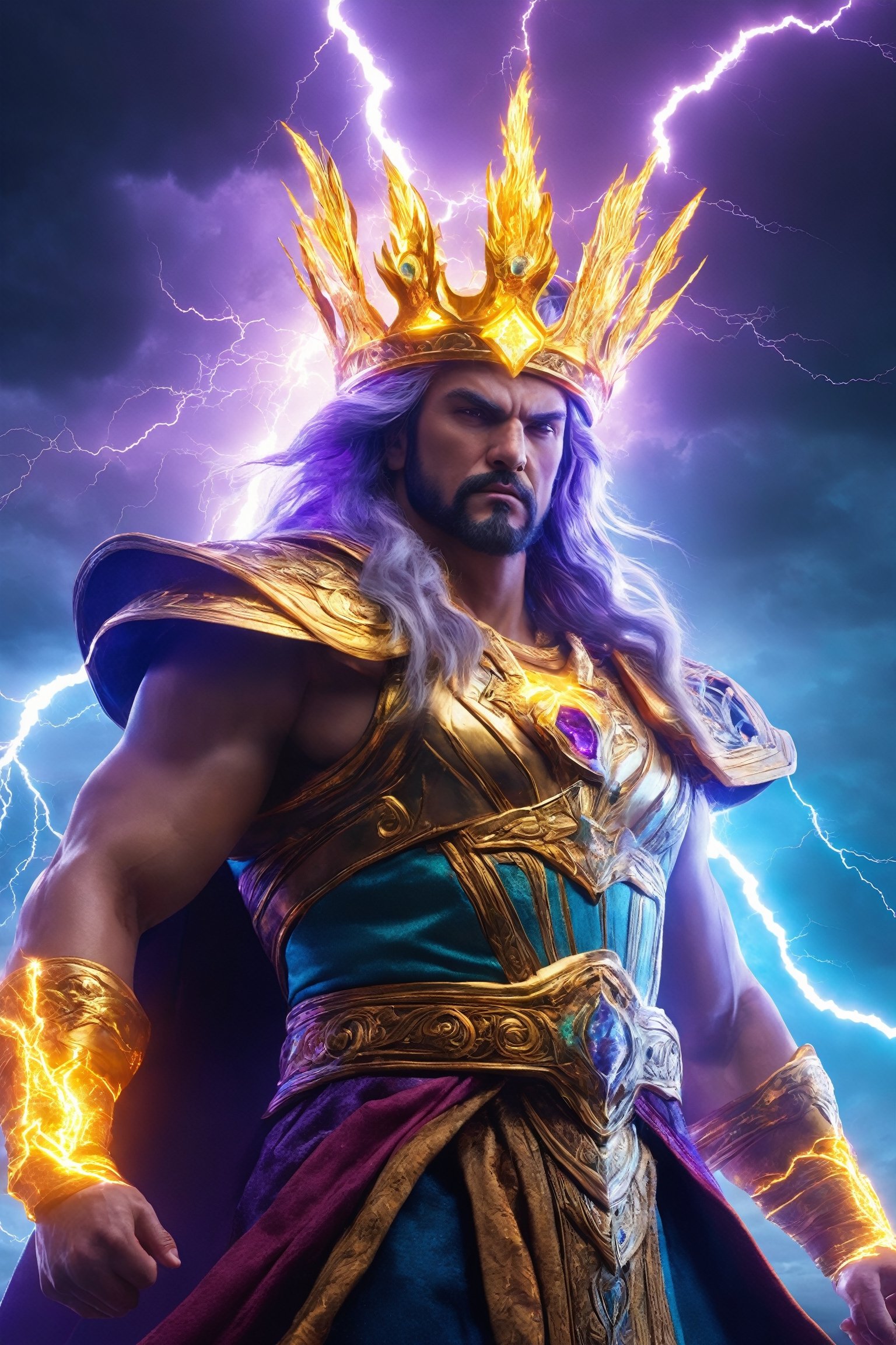 (best quality, UHD, ultra-detailed, masterpiece), (ultra-realistic, photorealistic), A breathtaking UHD portrait depicting the imposing Thunder God, his electrifying lightning strikes illuminating the sky in vibrant violet and cyan hues. Rendered with the precision of the Luminous Studio graphics engine and the brilliance of Octane render, the scene is enveloped in a cloudy haze, with fiery embers dancing around his thunderous crown.