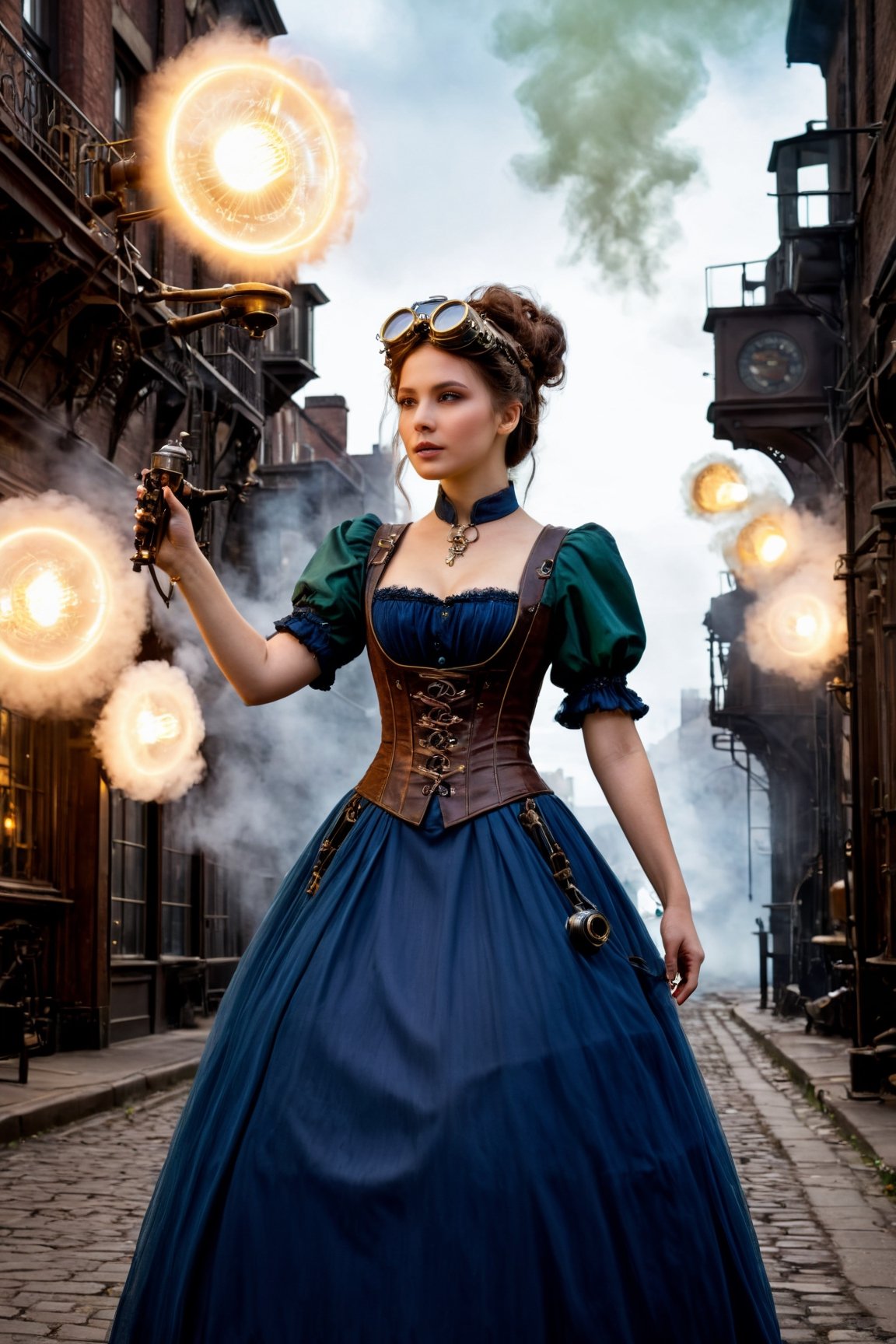 (best quality,4k,8k,highres,masterpiece:1.2),ultra-detailed,(realistic,photorealistic,photo-realistic:1.37),steampunk style,woman,1girl,steampunk accessories with neural connections,blend of organic and mechanical elements,organic meets artificial,mechanical gears,cogs,wires,tubes,industrial revolution aesthetic,worn leather,corsets,top hats,vintage goggles,elaborate hairstyles,puff-sleeve Victorian dresses,mysterious atmosphere,dark and muted color palette,industrial cityscape with towering steam-powered factories,heavy smoke,exhaust fumes,polluted skies,antique metal textures,glimmers of copper and brass,alongside the steel structures,hovering airships with propellers,steam-powered vehicles,pipes snaking along the walls,sparks flying,electric arcs illuminating the scene,resplendent glow of gas lamps,cobblestone streets,steam billowing from manholes,mechanical birds soaring above the city,long shadows cast by tall buildings,mystical energy radiating from the neural connections,blue and green electrical pulses,creaky machinery humming,artificial intelligence blending with the human form,eyes glowing with a hint of mystery,a delicate balance between the past and the future,a fusion of elegance and technology.