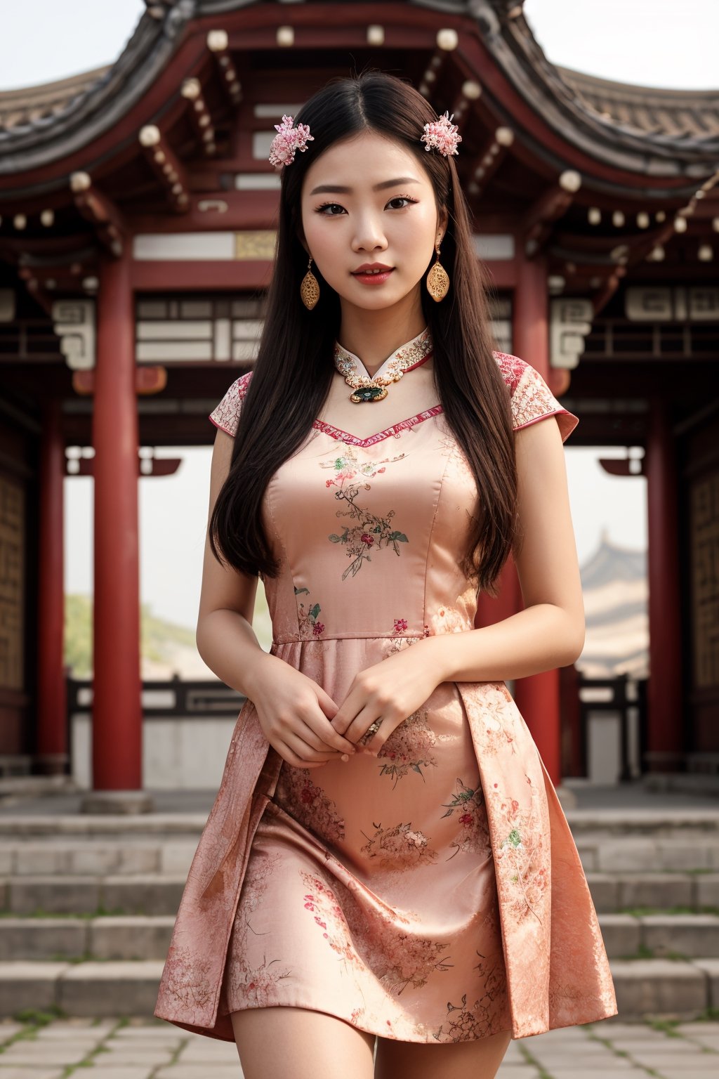 Best quality, masterpiece, high resolution, 1girl, ancient Chinese pink dress, beautiful face, ancient Chinese clothing, bowknot without the original picture, elegant, noble, crown, thin leg, fairy, hair accessory, solo, looking at viewer, smiling, shut up, lips, dress, hair accessory, necklace, jewelry, long hair, earrings, architecture, east asian architecture