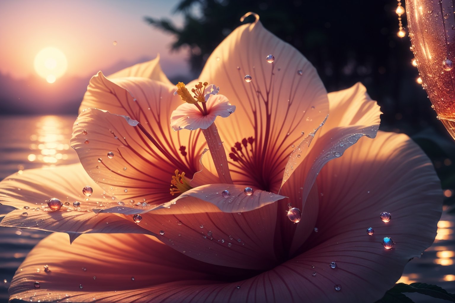 (best quality, 8K, ultra-detailed, masterpiece), (ultra-realistic, photorealistic), An enchanting 8K rendering of a hibiscus Moon adorned with delicate water drops, bathed in a mesmerizing neon glow, against a random background, capturing the ethereal beauty of a sunrise with a bokeh mood.