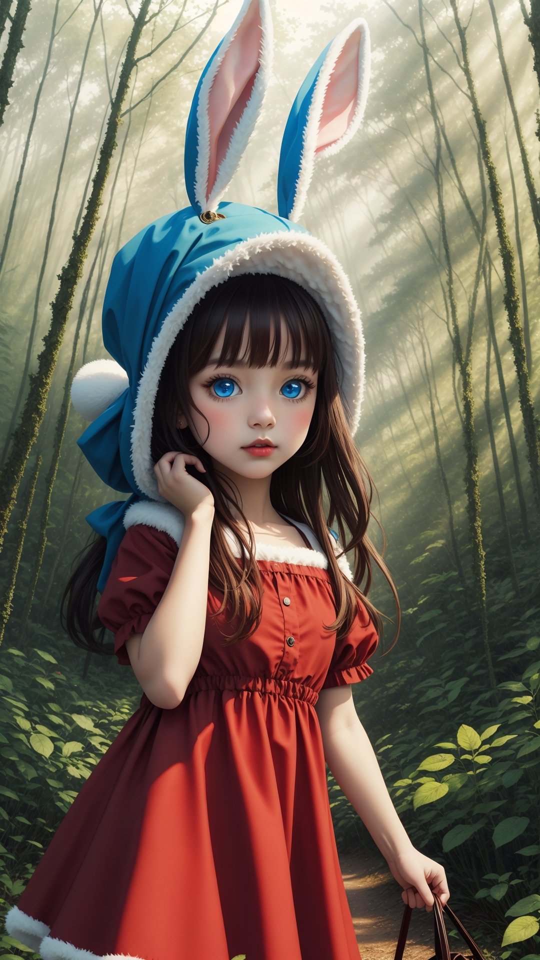 A girl rabbit with big blue eyes and a red dress in a dreamy forest