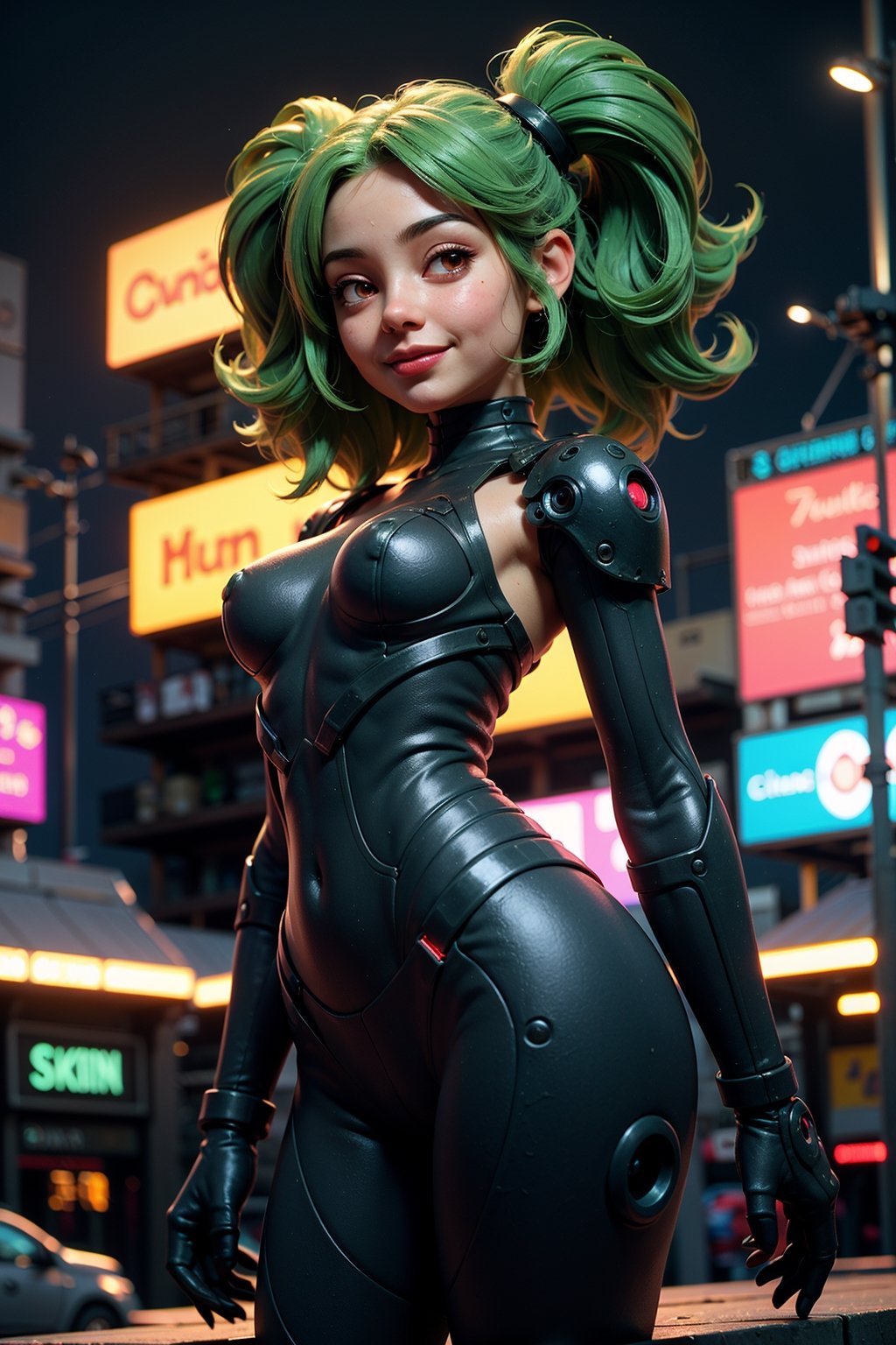 (Vivid neon night, detailed background), (petite cyborg girl, cute face, perky breasts), cute smile, Amidst the vibrant neon night of a futuristic cyberpunk city, the scene bursts with intricate details. A petite and cute cyborg girl, her face perfect and her anatomy flawless, stands with bright, glowing red eyes. Her absurdly long gradient red and green hair flows in the wind as she dons a detailed ribbed impossible bodysuit, featuring shoulder armor and cybernetic limbs, all captured from a dynamic angle.