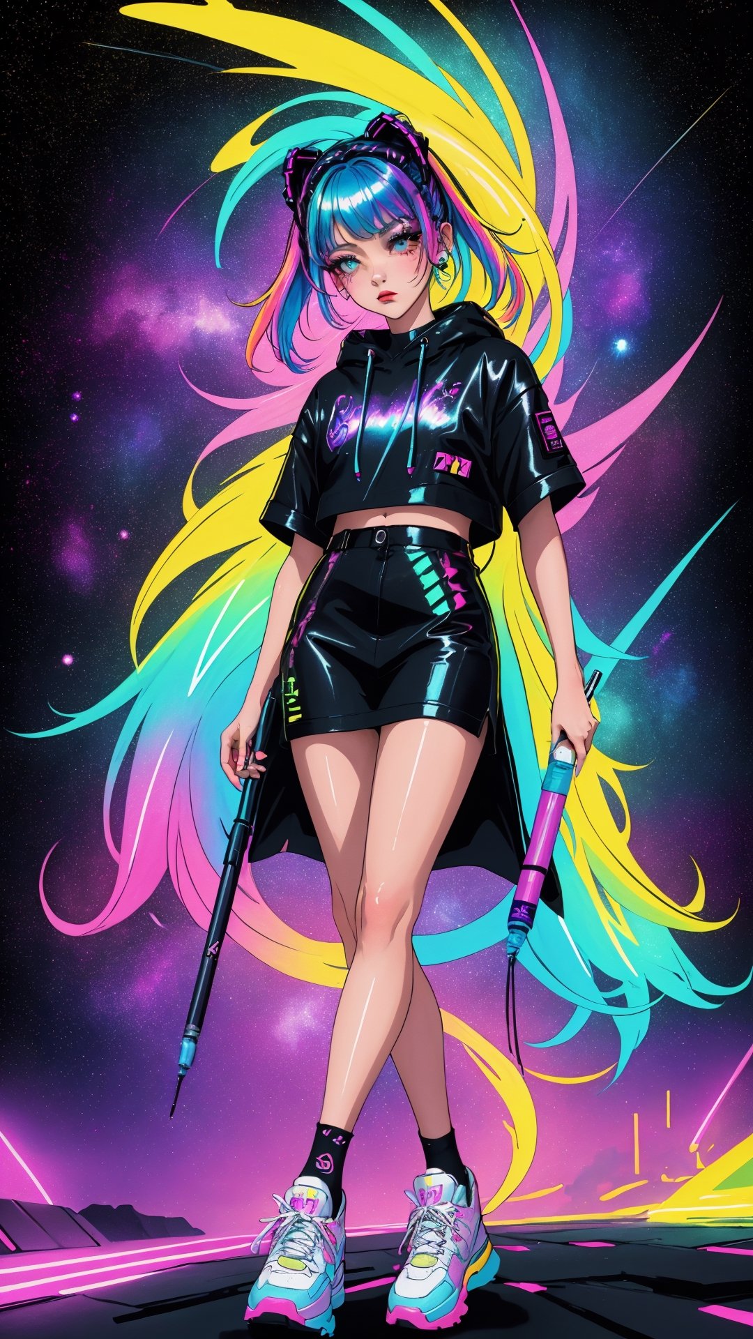 Nostalgia 90s marker art - angelic cyberpunk woman, marker style outlines, eyeliner makeup, lost in space(stars, glints, galaxy background), floating pose, streetwear design, pro vector, full design, solid colors, warm colors, cinematic sci-fi background, rainbow hair, copic, micron liner