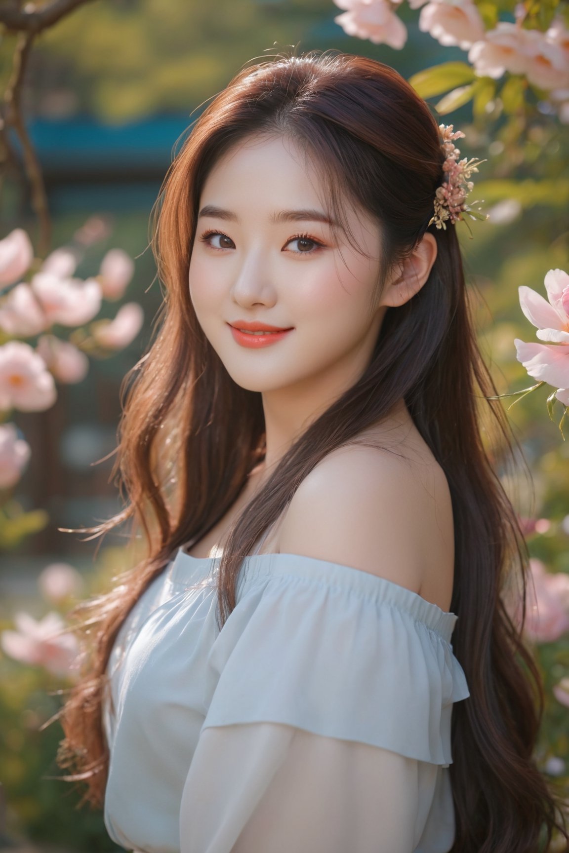 (best quality, masterpieces:1.2, ultra high resolution, 8k, realistic:1.4), 1girl, korean, cute smile, off-the-shoulders, cinematic lighting, beautiful detailed eyes, beautiful detailed lips, longeyelashes, soft skin, flowing hair, colorful garden backdrop, vibrant colors, sunshine ambiance,Korean