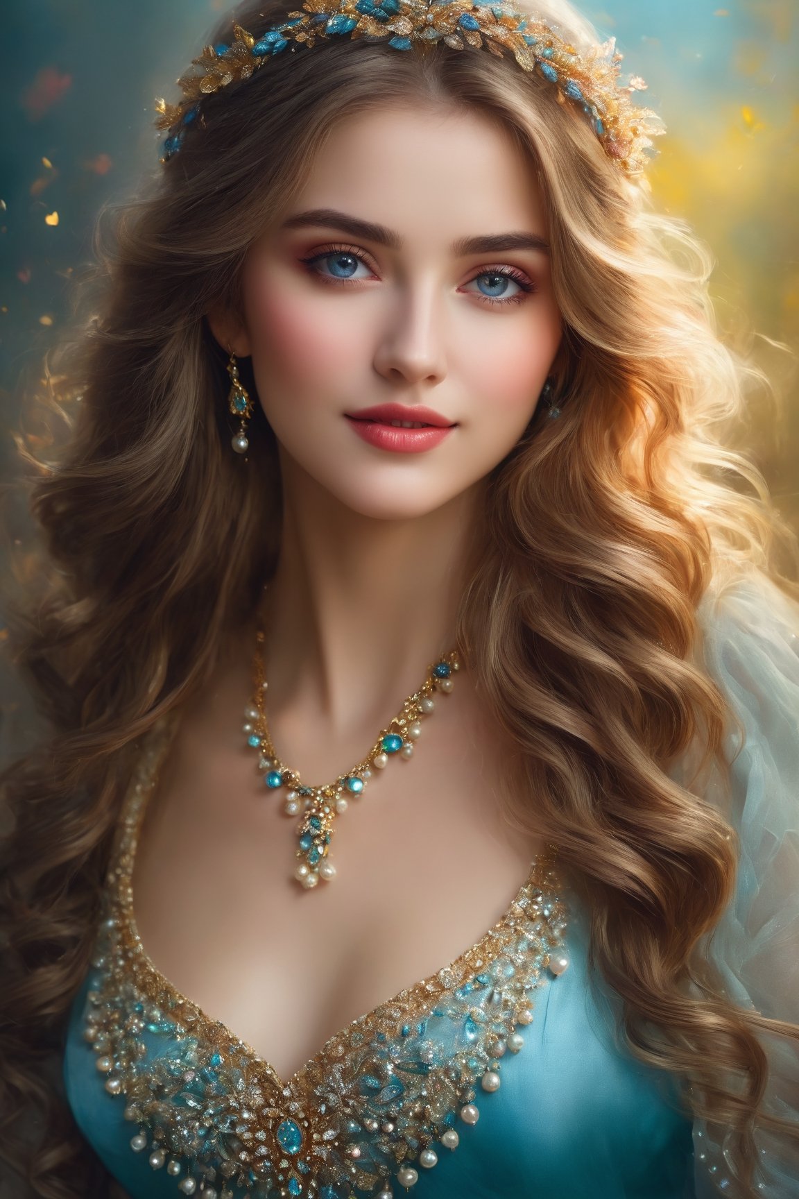 (best quality,4k,8k,highres,masterpiece:1.2),ultra-detailed,realistic,portrait,female,beautiful detailed eyes,beautiful detailed lips,cute smile,fancy style,medium:oil painting,soft brush strokes,vibrant colors,delicate features,graceful pose,flowing hair,gorgeous dress,sparkling jewelry,subtle shading,ethereal atmosphere,gentle lighting,magical ambiance,harmonious color palette,sublime beauty