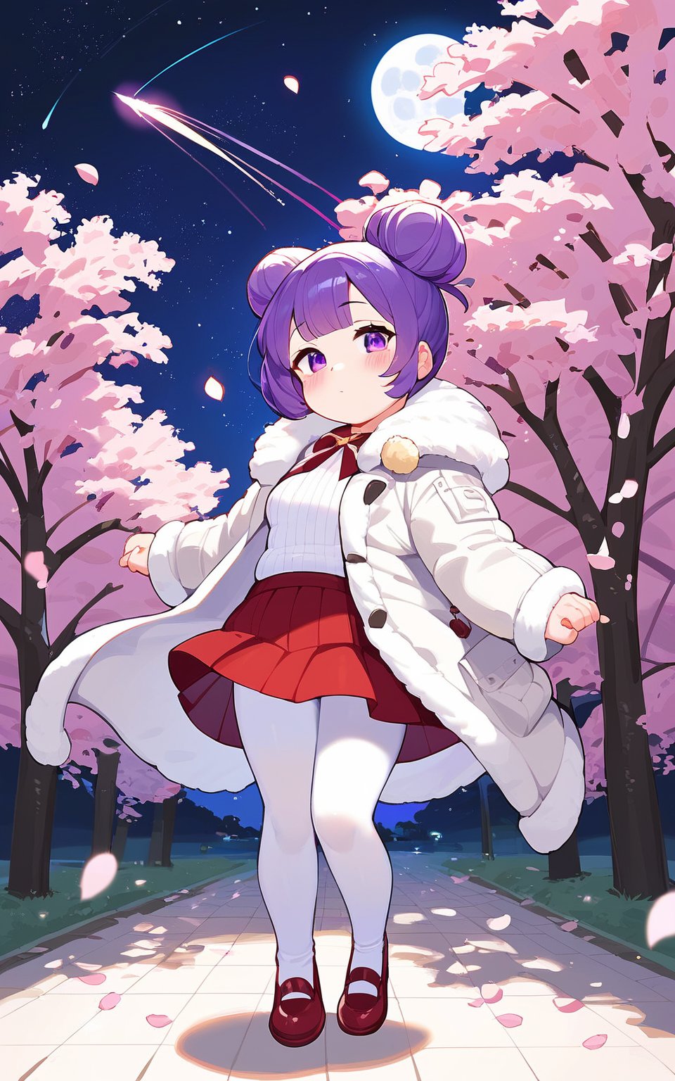 score_9,score_8_up,score_7_up, 1girl,looking at viewer,blush,short hair,bangs,skirt,long sleeves,closed mouth,standing,purple eyes,jacket,full body,purple hair,pantyhose,sidelocks,outdoors,frills,open clothes,sky,shoes,hair bun,tree,coat,fur trim,petals,night,red skirt,moon,single hair bun,cherry blossoms,red footwear,star (sky),night sky,full moon,starry sky,white pantyhose,fur-trimmed jacket,shooting star