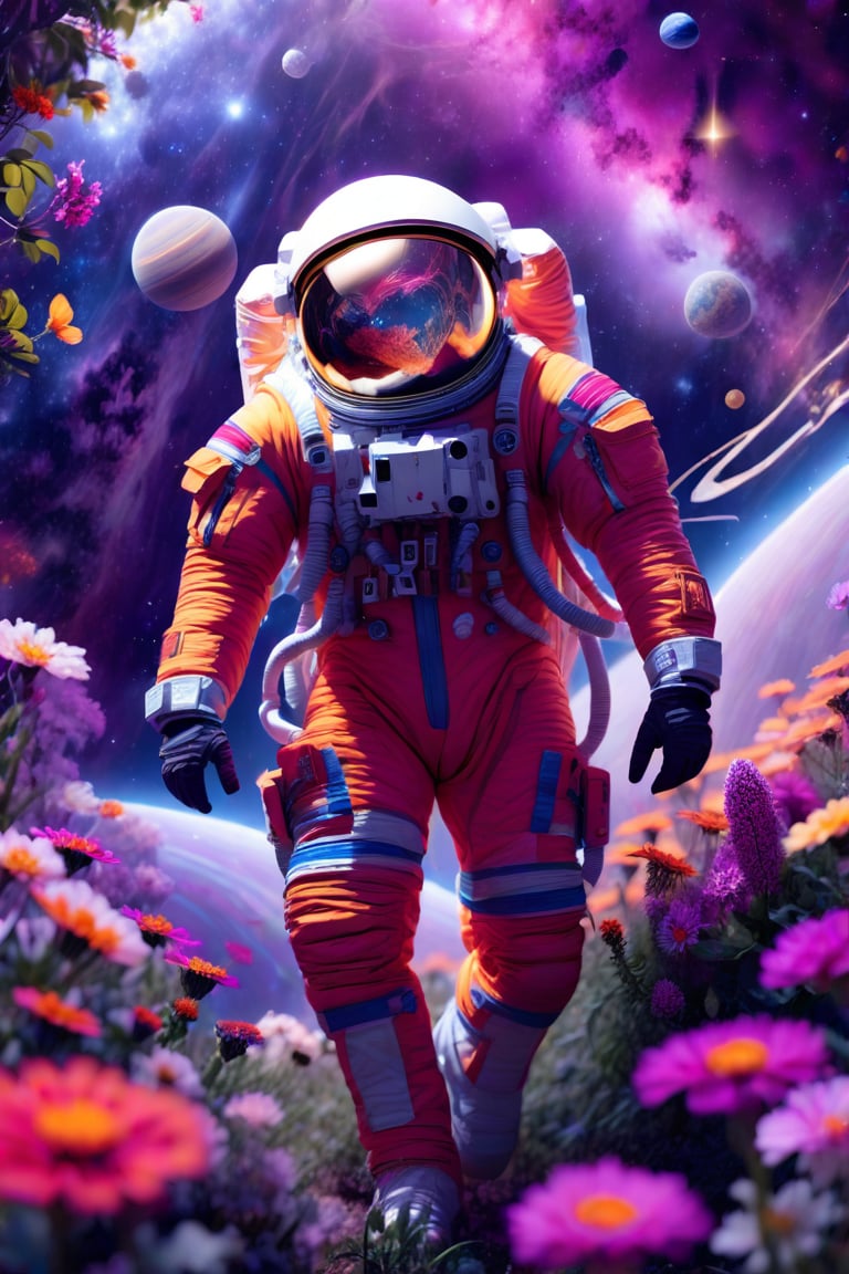 an astronaut in an orange space suit is walking through a field of flowers with planets and stars behind him,outer space