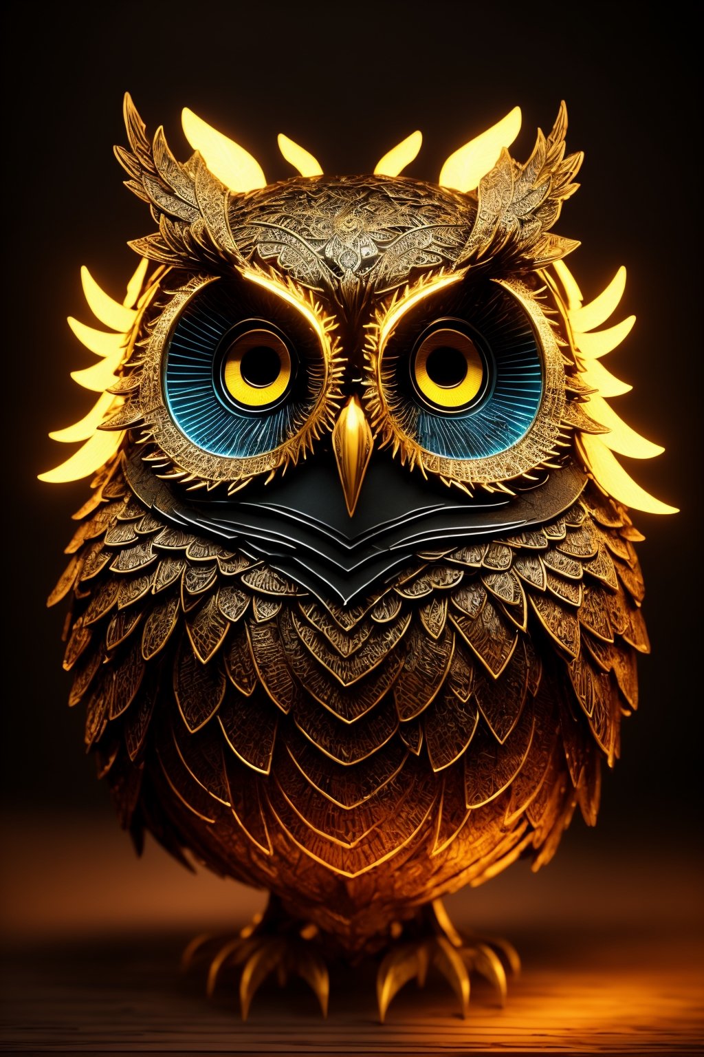 (best quality, 3D, high-res), (cinematic lighting, octane render), Behold a stunning 3D masterpiece featuring an intricately detailed owl with a decorative headdress, illuminated by cinematic lighting, and rendered with the exquisite precision of Octane Render.