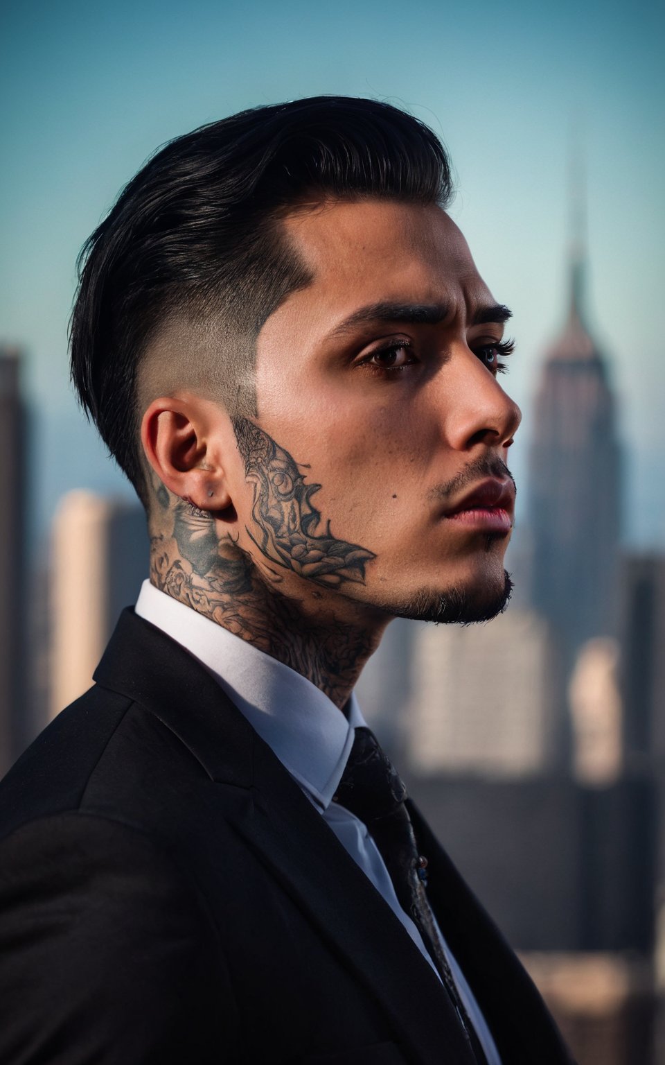 (best quality,highres,masterpiece:1.2),ultra-detailed,realistic:1.37,cinematic,portrait,tattoo on her neck,detailed eyes and lips,man with neck tattoo,wearing a dark suit,strong expression,serious,city backdrop,striking lighting,gritty atmosphere,dramatic shadows,vivid colors,bokeh