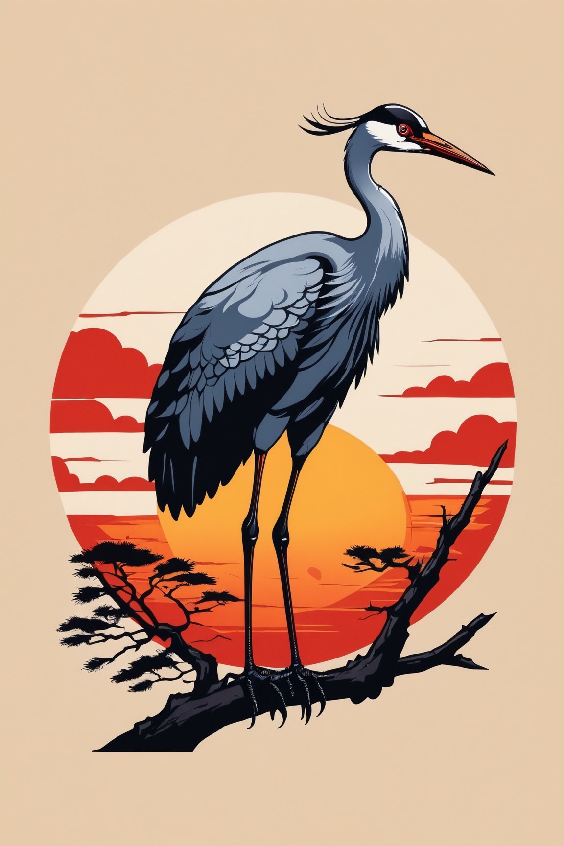 (best quality, 4k, 8k, highres, masterpiece:1.2), ultra-detailed,T-shirt design,illustration, a painting of a crane standing on a branch with a red sun in the background