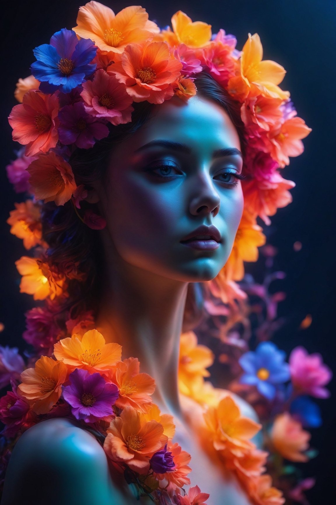 (best quality,8K,highres,masterpiece), ultra-detailed, (woman made of flowers),a woman composed entirely of vibrant flowers, illuminated by a neon glow that casts a colorful aura around her. Each petal and bloom is meticulously arranged to form her graceful figure, creating a mesmerizing and ethereal presence. The neon glow adds a futuristic and dynamic touch to the floral composition, enhancing the vivid colors and bringing the scene to life in a burst of radiant light.