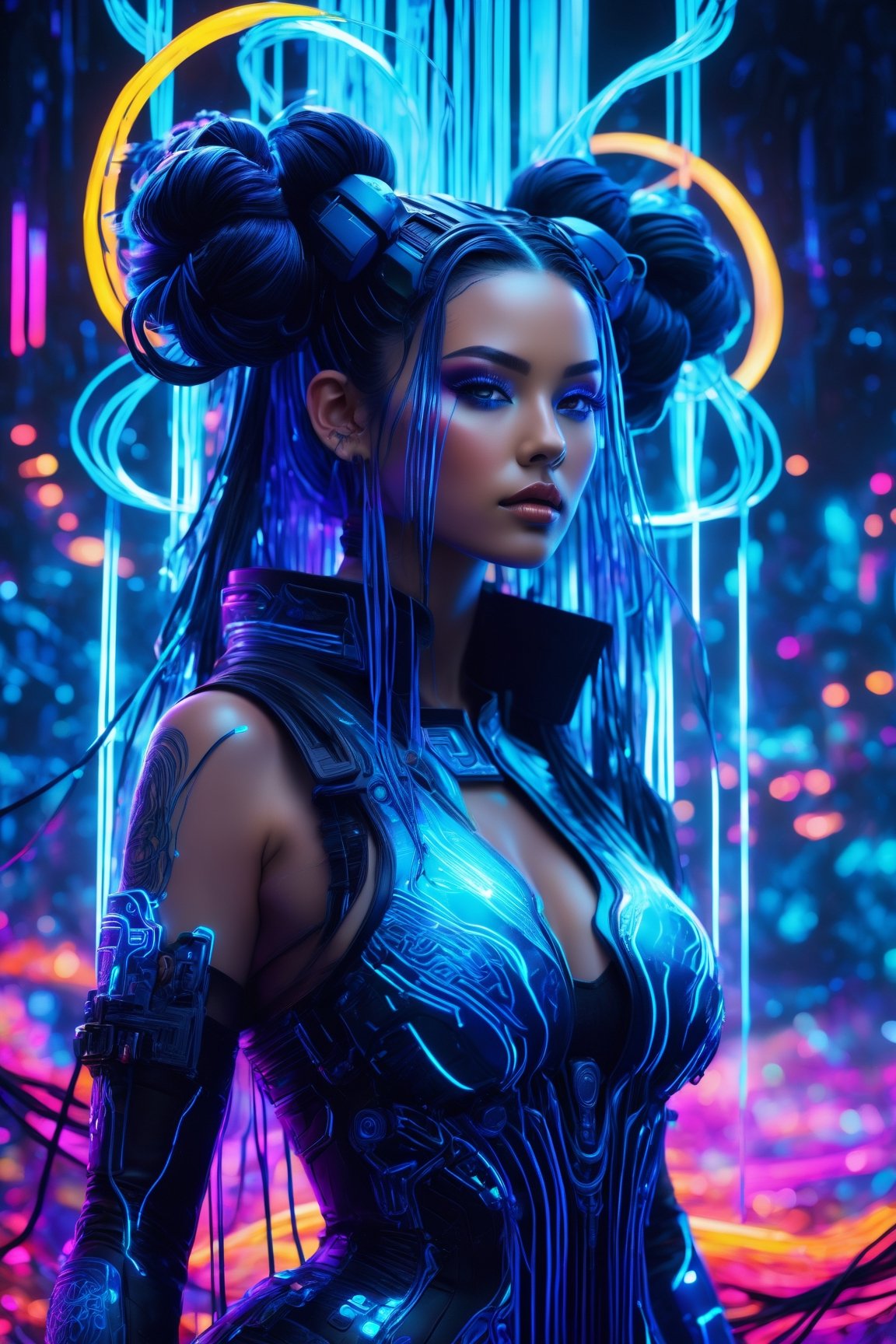 (best quality,8K,highres,masterpiece), ultra-detailed, cyberpunk woman adorned with long black hair fashioned into space buns. In this ethereal scene, she embodies the role of the goddess of horticulture, surrounded by millions of microscopic, ultra-bright blue neon strings emanating from her form. composition showcases a stunningly beautiful backlit silhouette, intricately detailed and adorned with neon clouds, creating a mesmerizing and vivid blue color palette,Realism